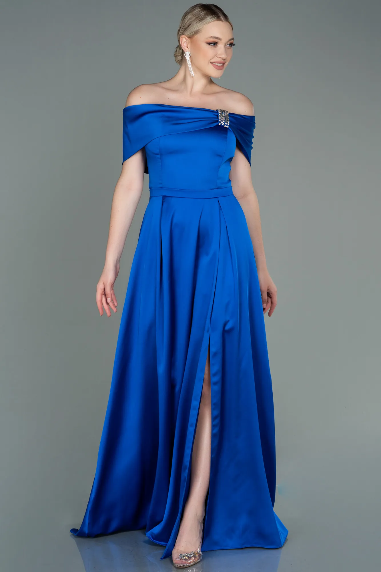 Sax Blue-Long Satin Evening Dress ABU3197