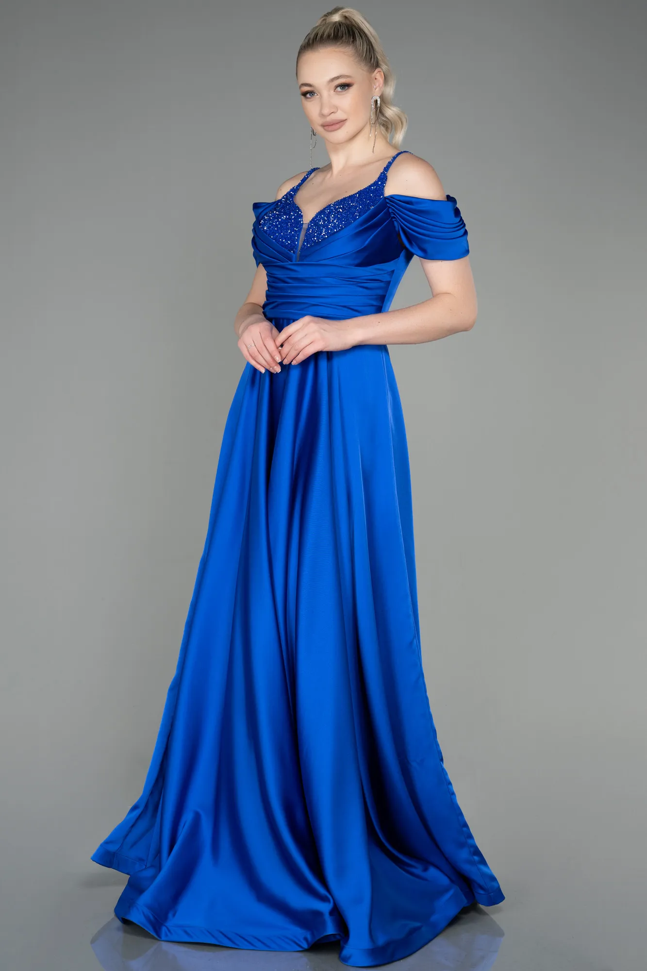 Sax Blue-Long Satin Evening Dress ABU3226