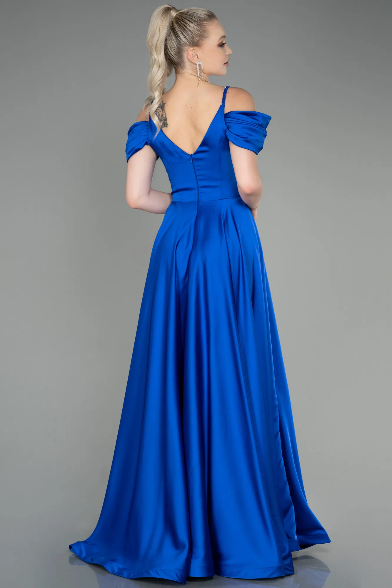 Sax Blue-Long Satin Evening Dress ABU3226