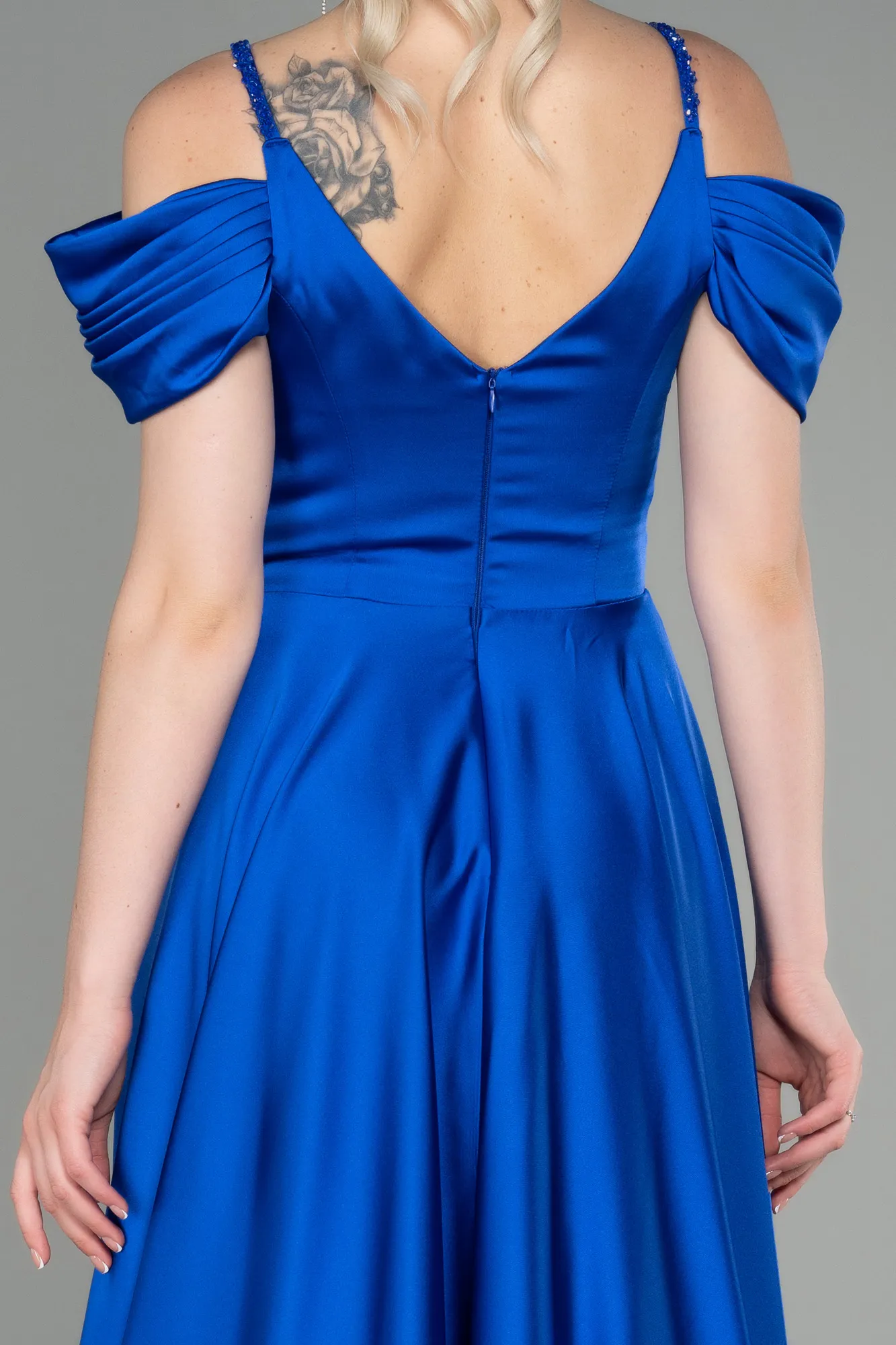 Sax Blue-Long Satin Evening Dress ABU3226