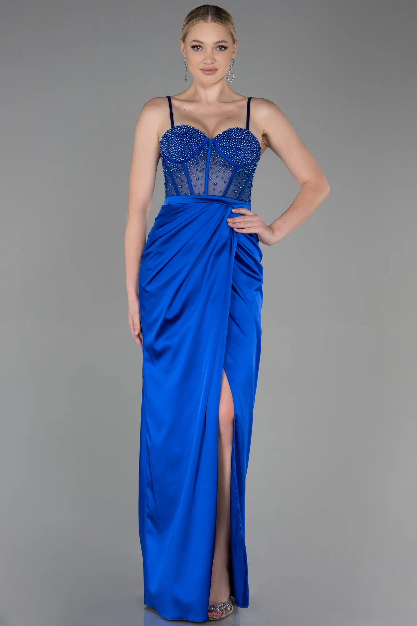 Sax Blue-Long Satin Evening Dress ABU3312