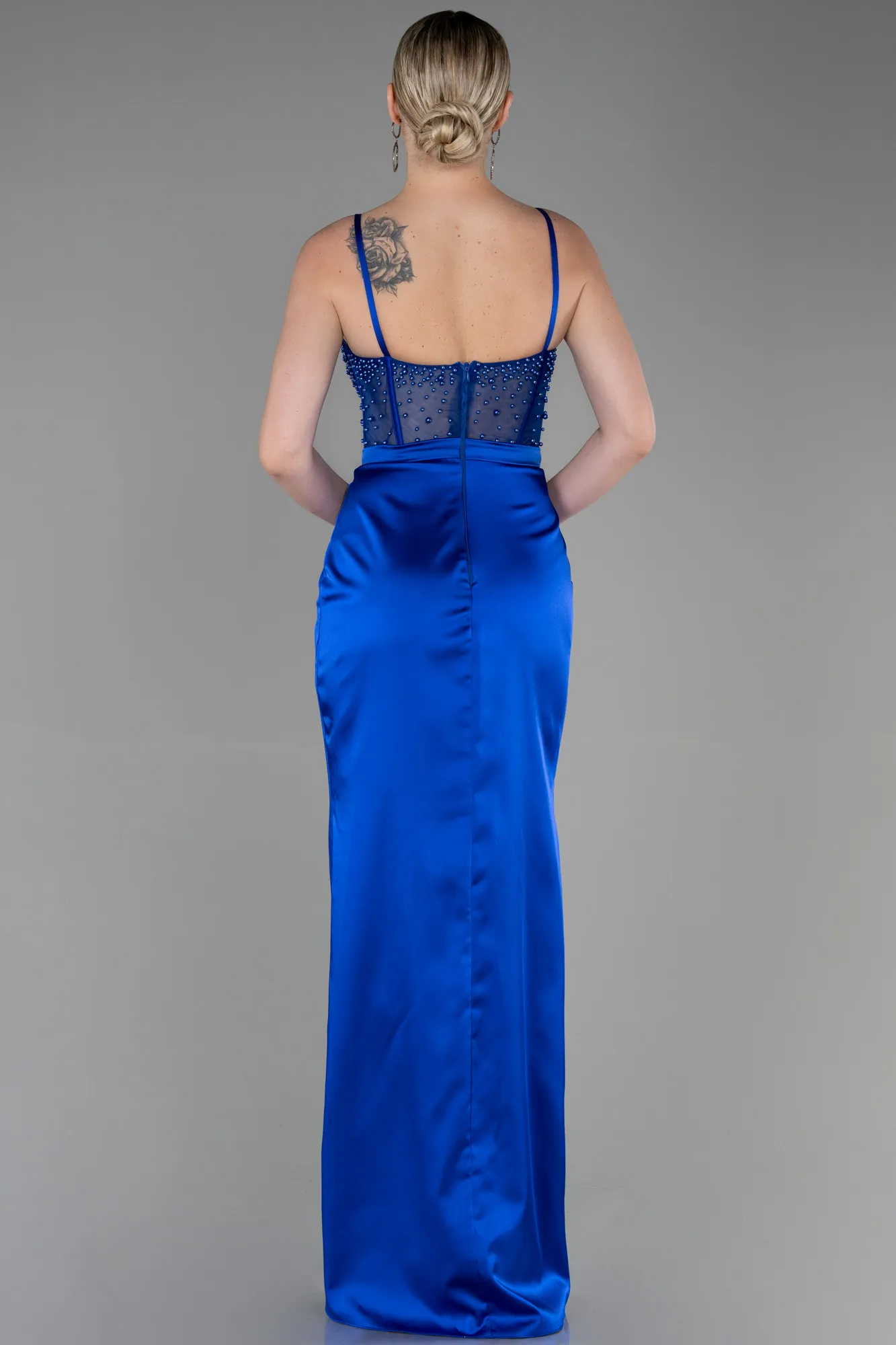 Sax Blue-Long Satin Evening Dress ABU3312