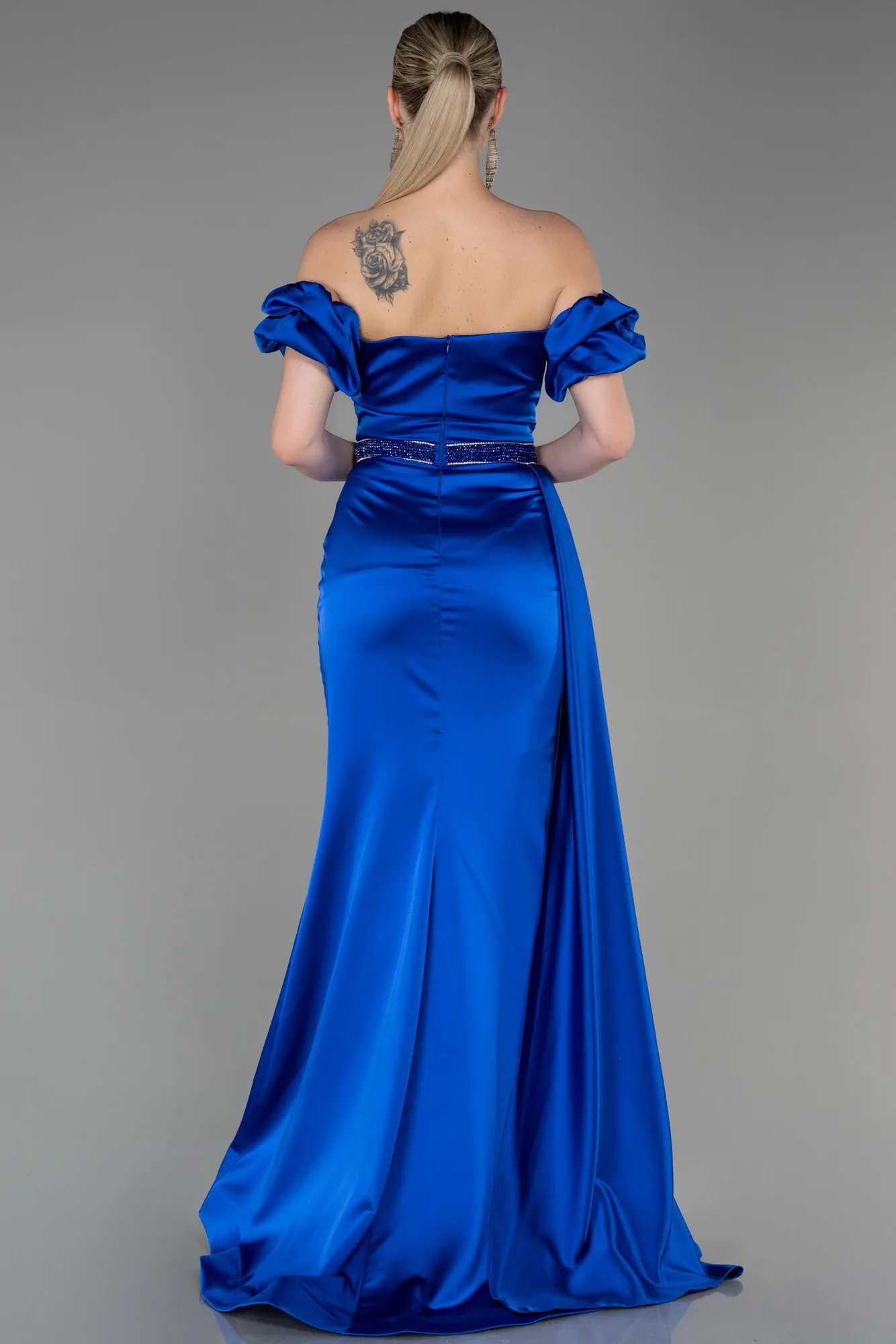 Sax Blue-Long Satin Evening Dress ABU3331
