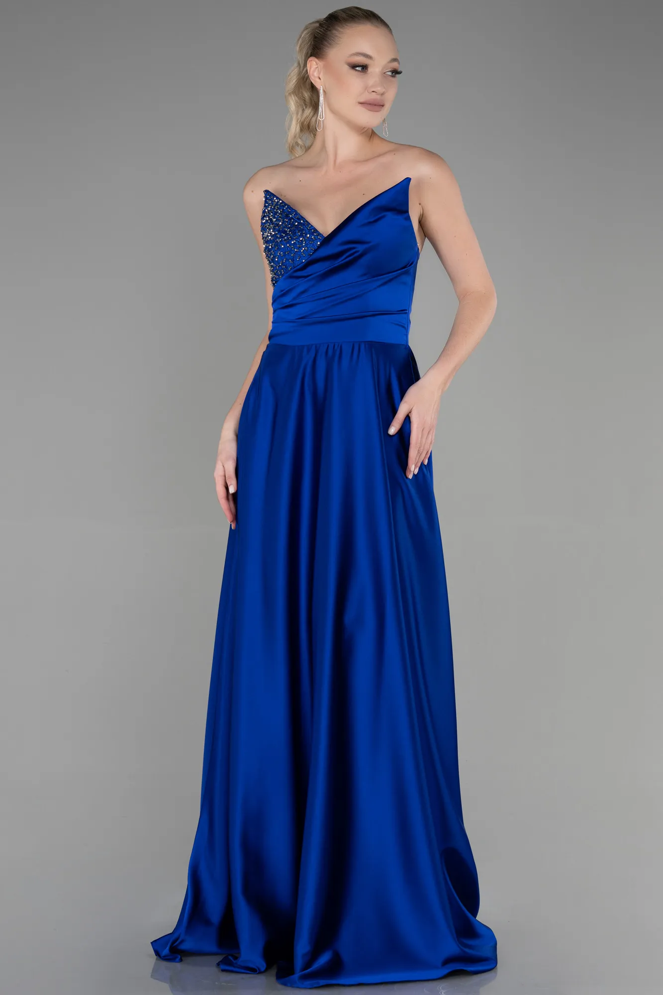 Sax Blue-Long Satin Evening Dress ABU3385