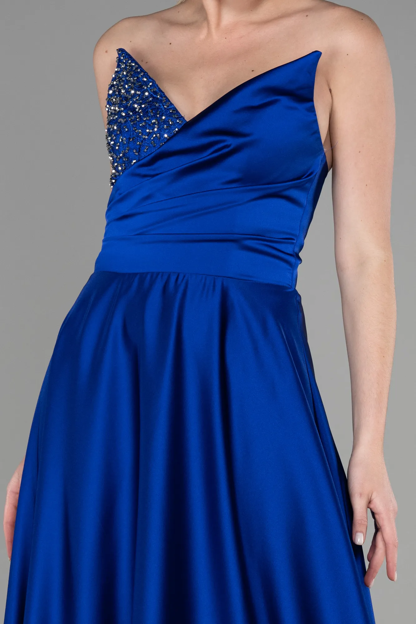 Sax Blue-Long Satin Evening Dress ABU3385