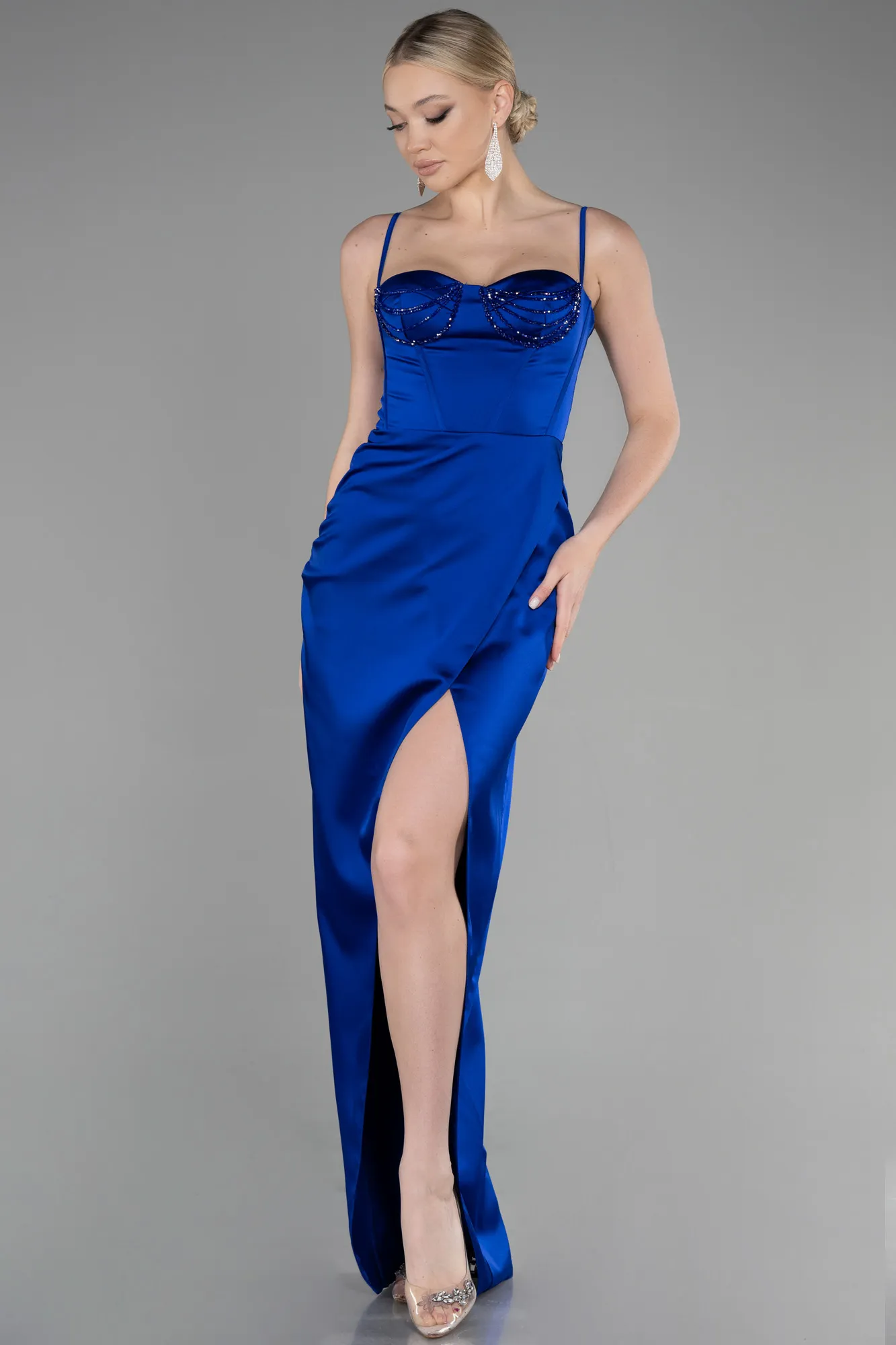 Sax Blue-Long Satin Evening Dress ABU3390