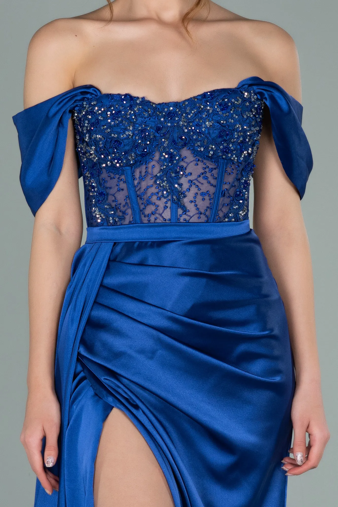 Sax Blue-Long Satin Evening Dress ABU3446