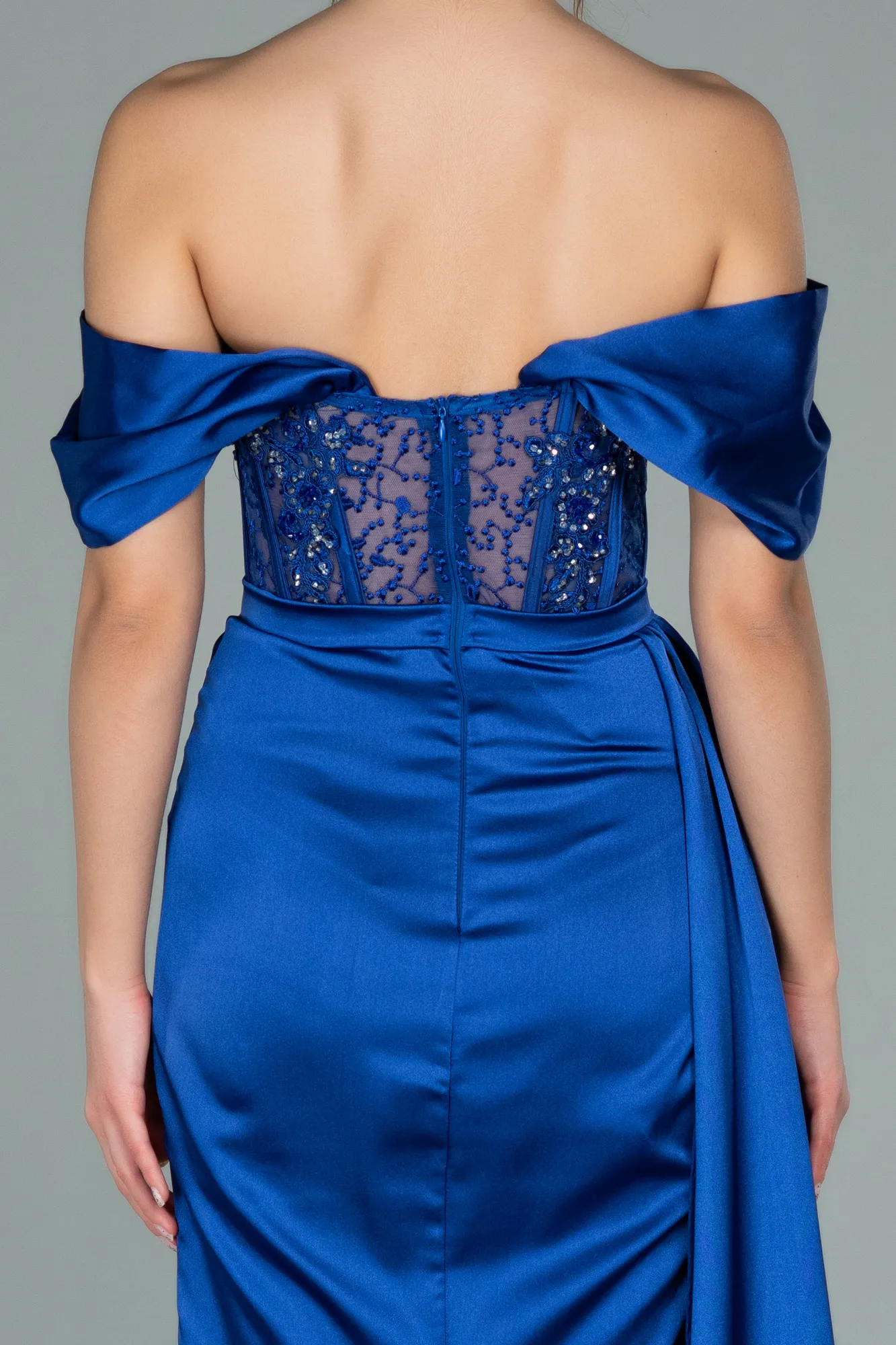 Sax Blue-Long Satin Evening Dress ABU3446