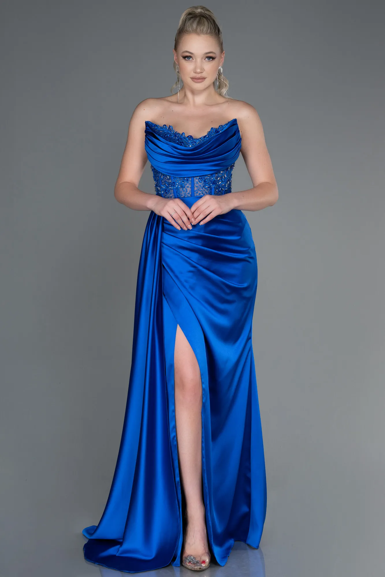 Sax Blue-Long Satin Evening Dress ABU3447