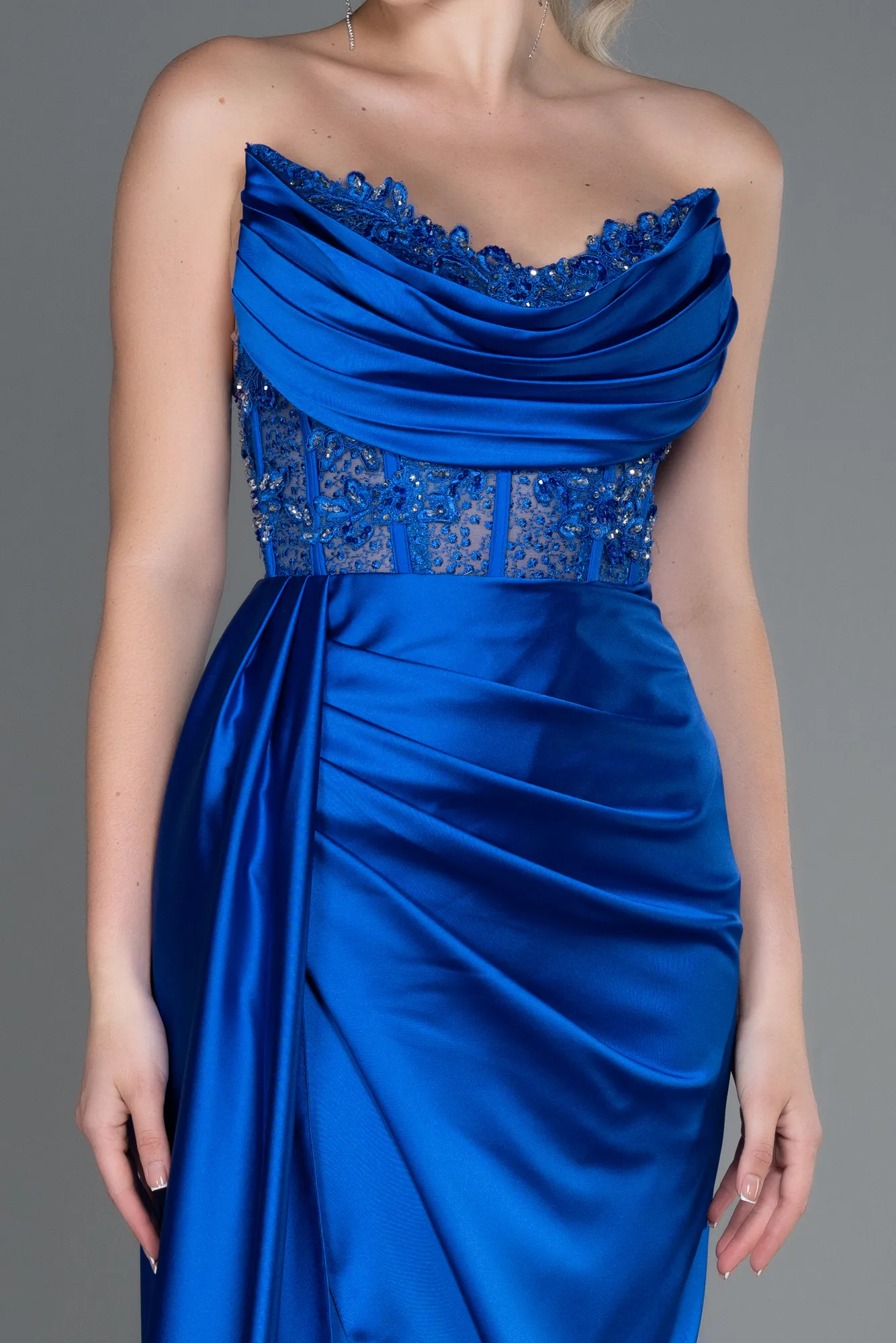 Sax Blue-Long Satin Evening Dress ABU3447