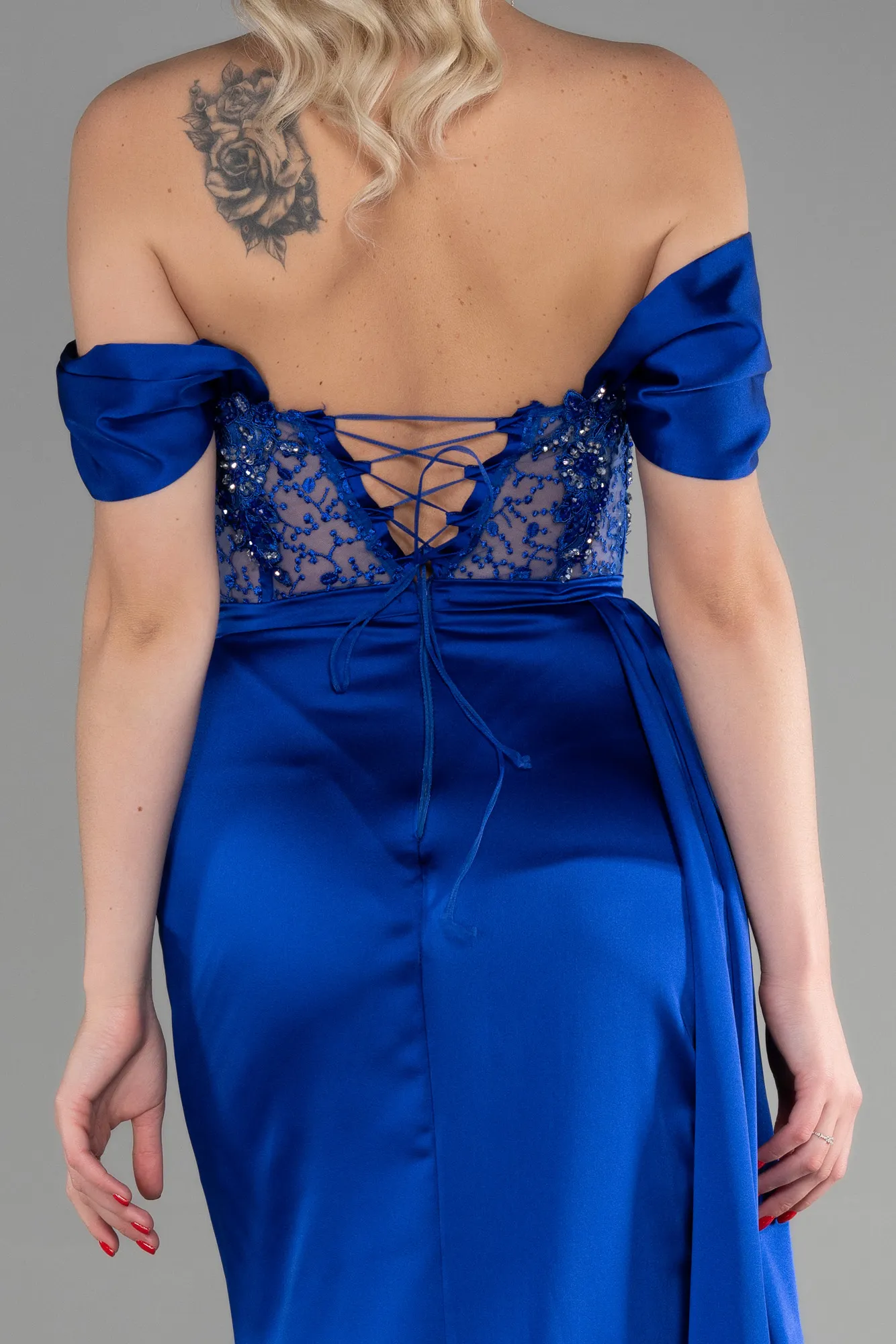 Sax Blue-Long Satin Evening Dress ABU3448