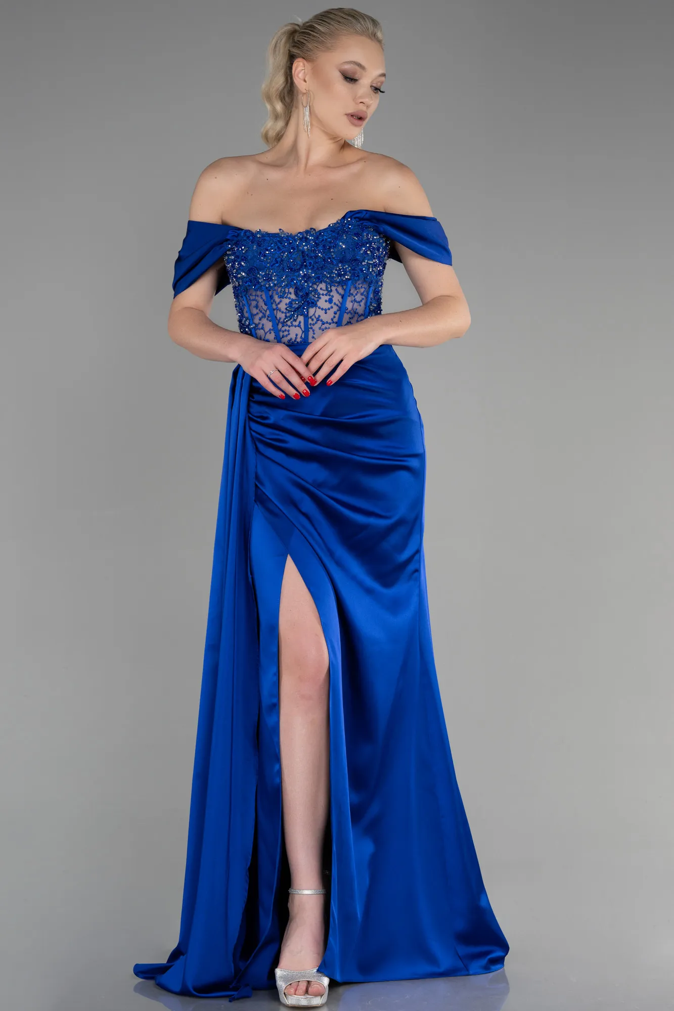 Sax Blue-Long Satin Evening Dress ABU3454