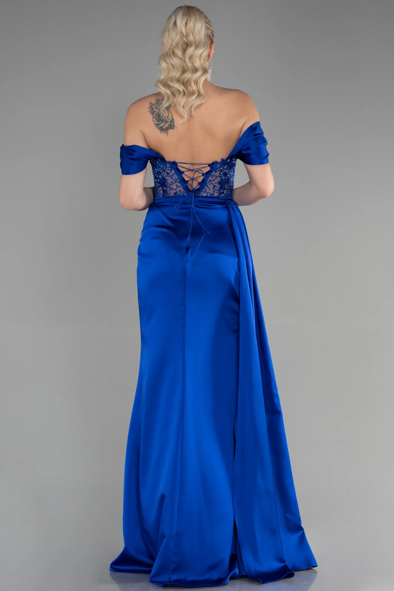 Sax Blue-Long Satin Evening Dress ABU3454