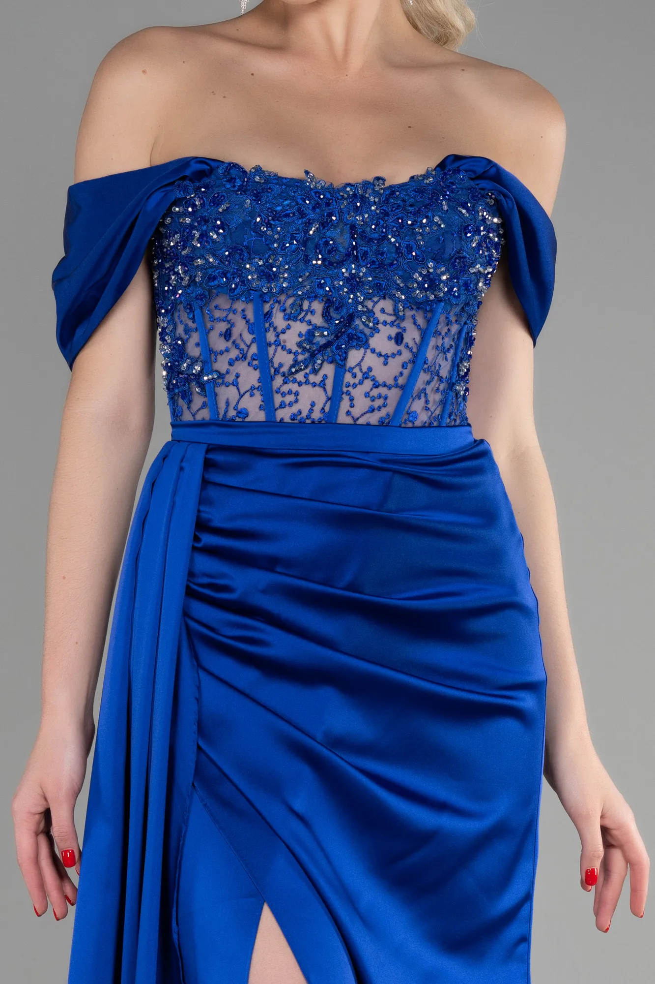 Sax Blue-Long Satin Evening Dress ABU3454