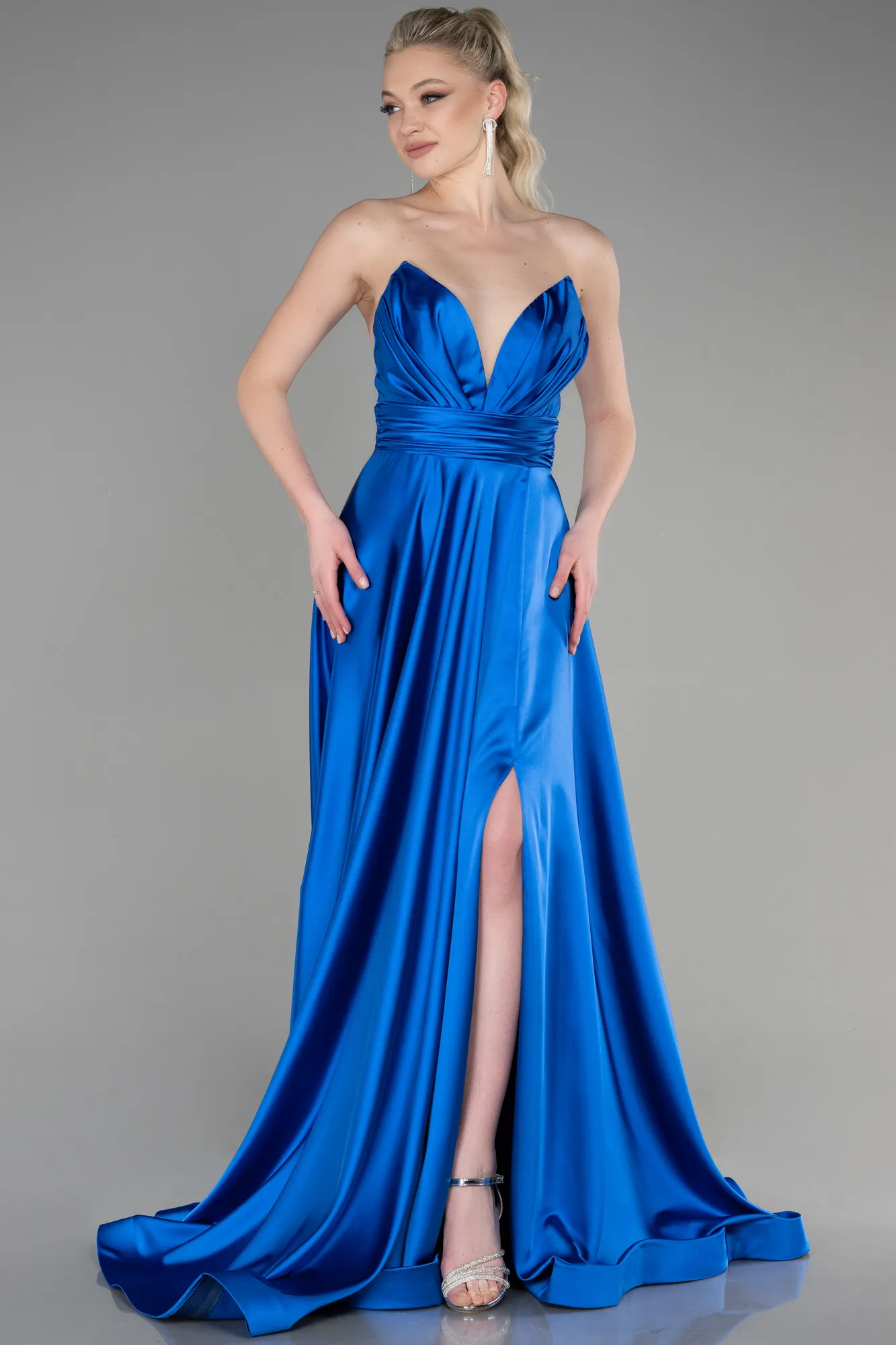 Sax Blue-Long Satin Evening Dress ABU3502