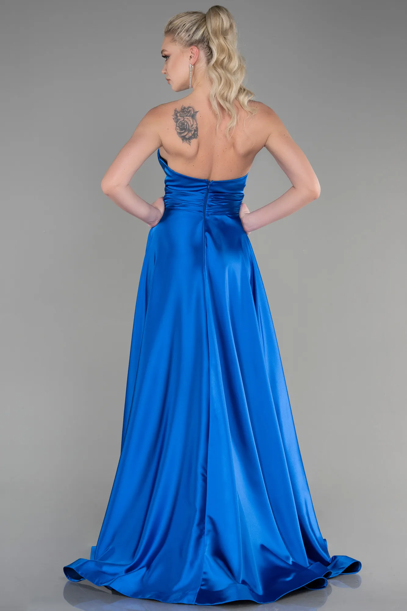 Sax Blue-Long Satin Evening Dress ABU3502