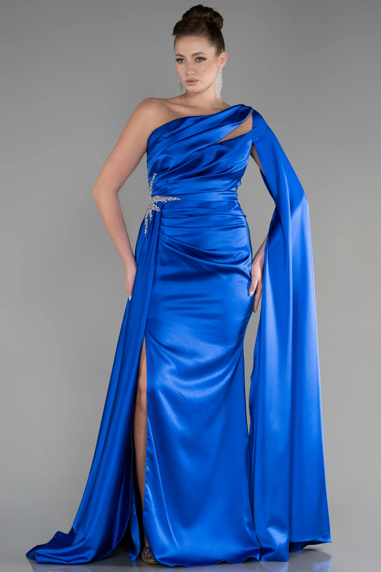 Sax Blue-Long Satin Evening Dress ABU3545