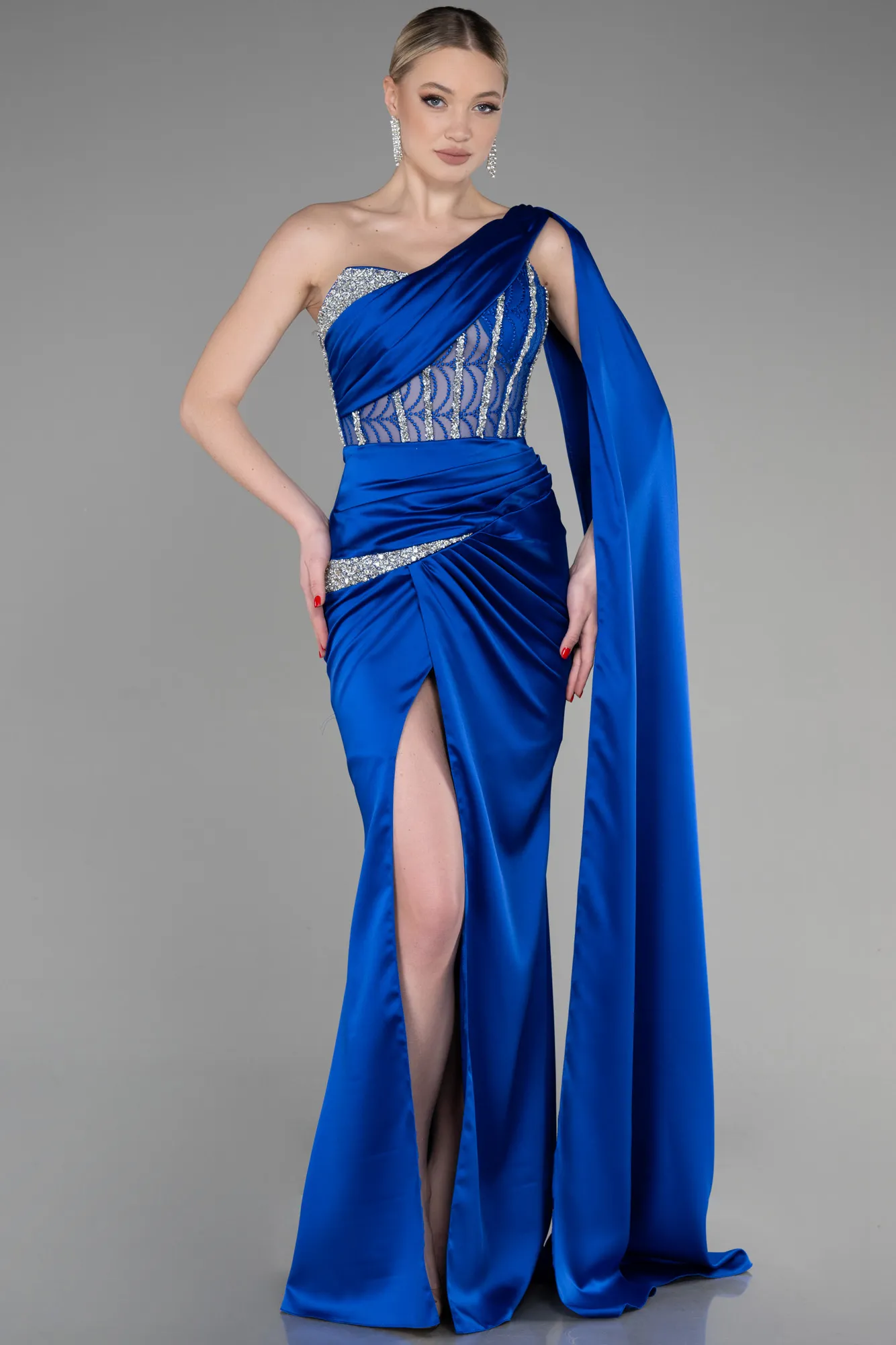 Sax Blue-Long Satin Evening Dress ABU3603