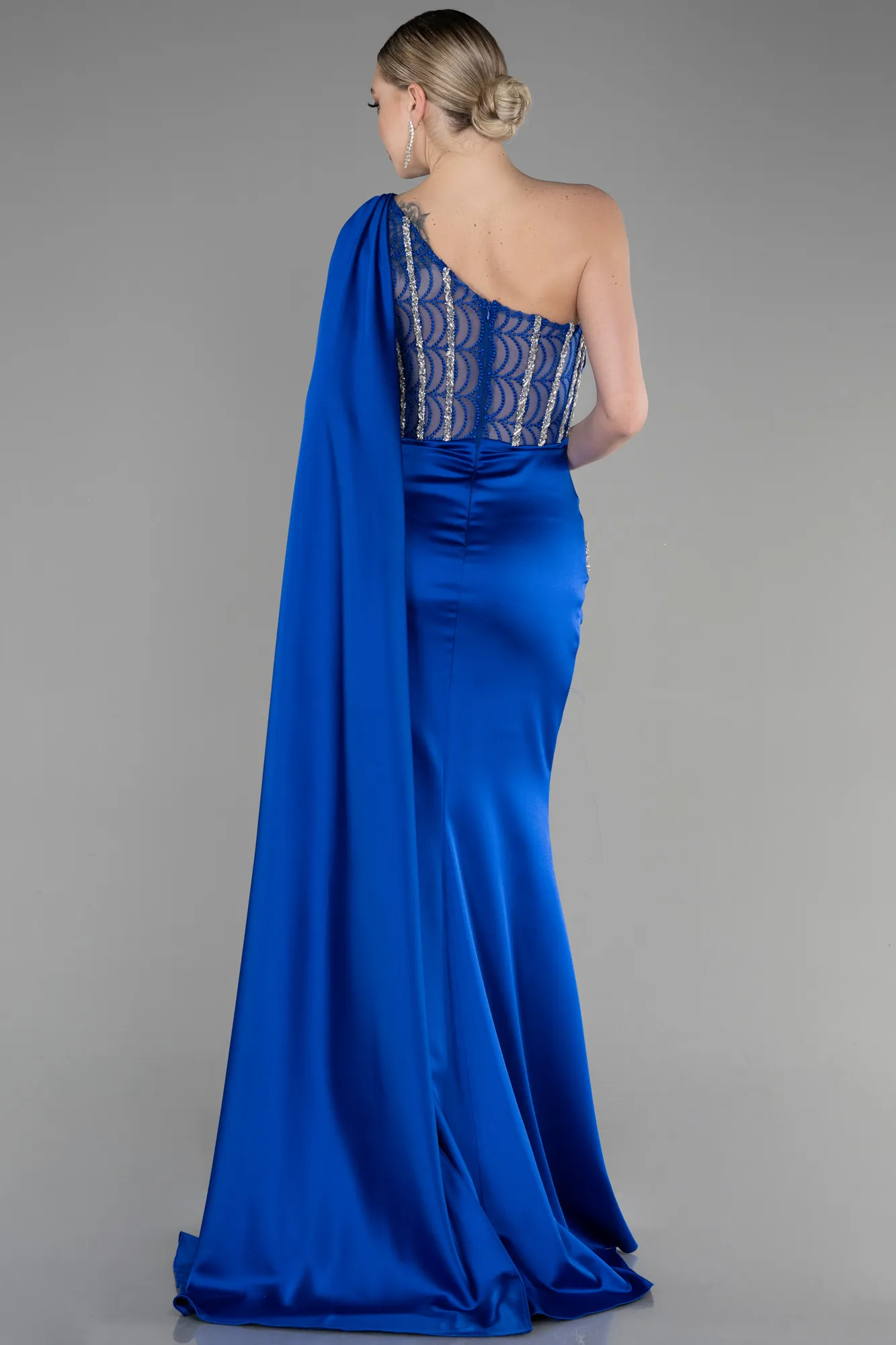 Sax Blue-Long Satin Evening Dress ABU3603