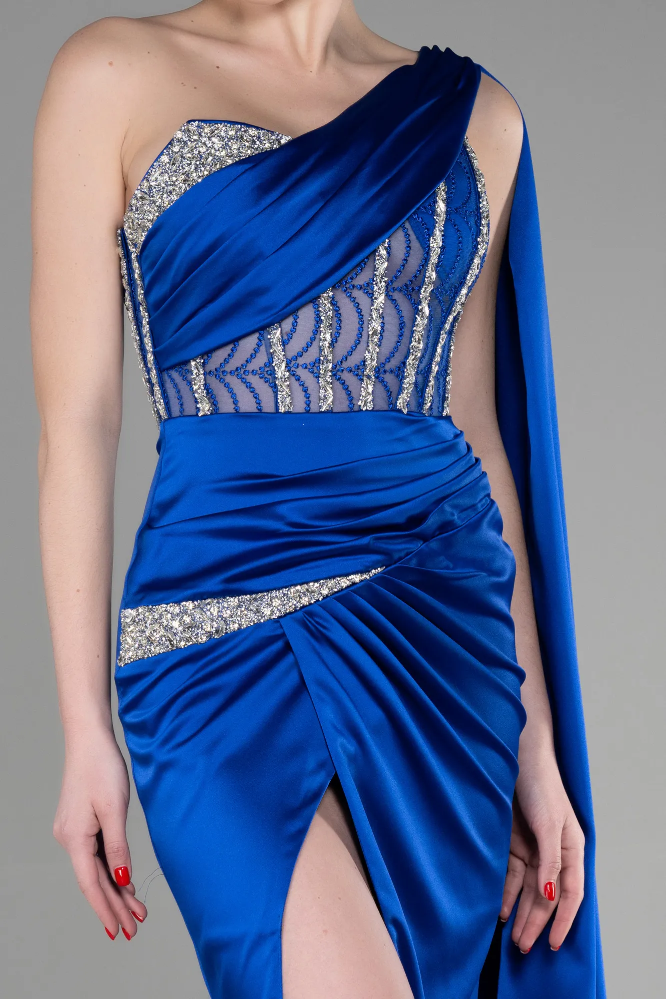 Sax Blue-Long Satin Evening Dress ABU3603