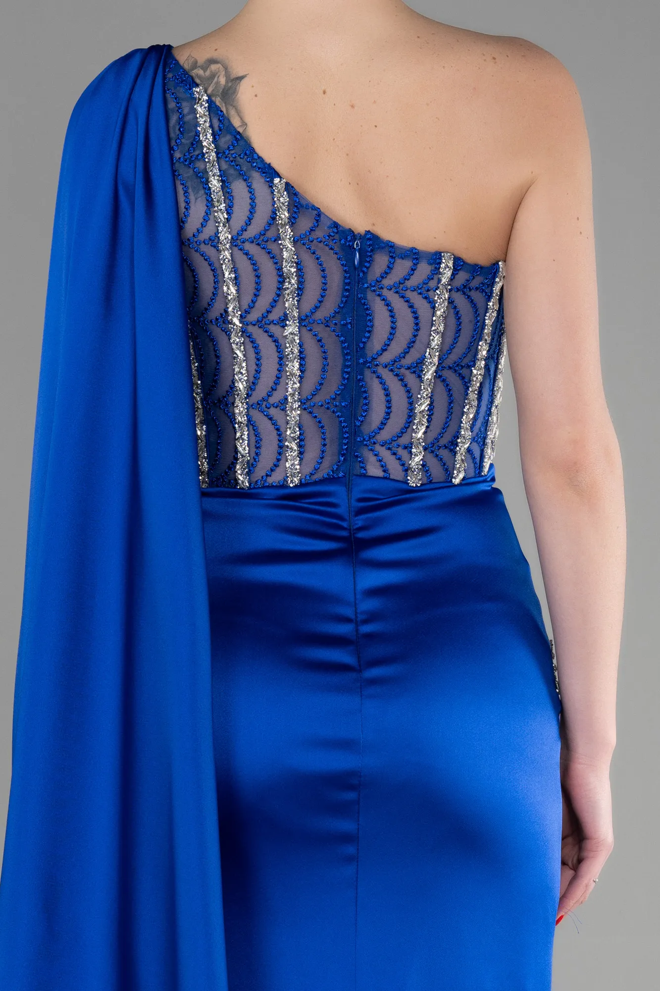 Sax Blue-Long Satin Evening Dress ABU3603