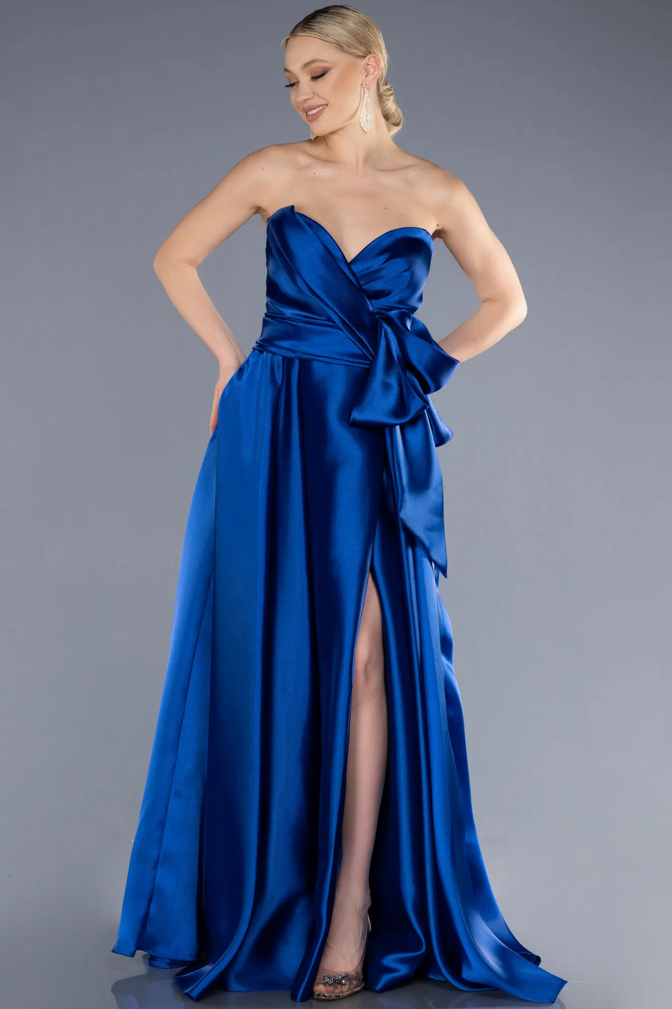 Sax Blue-Long Satin Evening Dress ABU3674