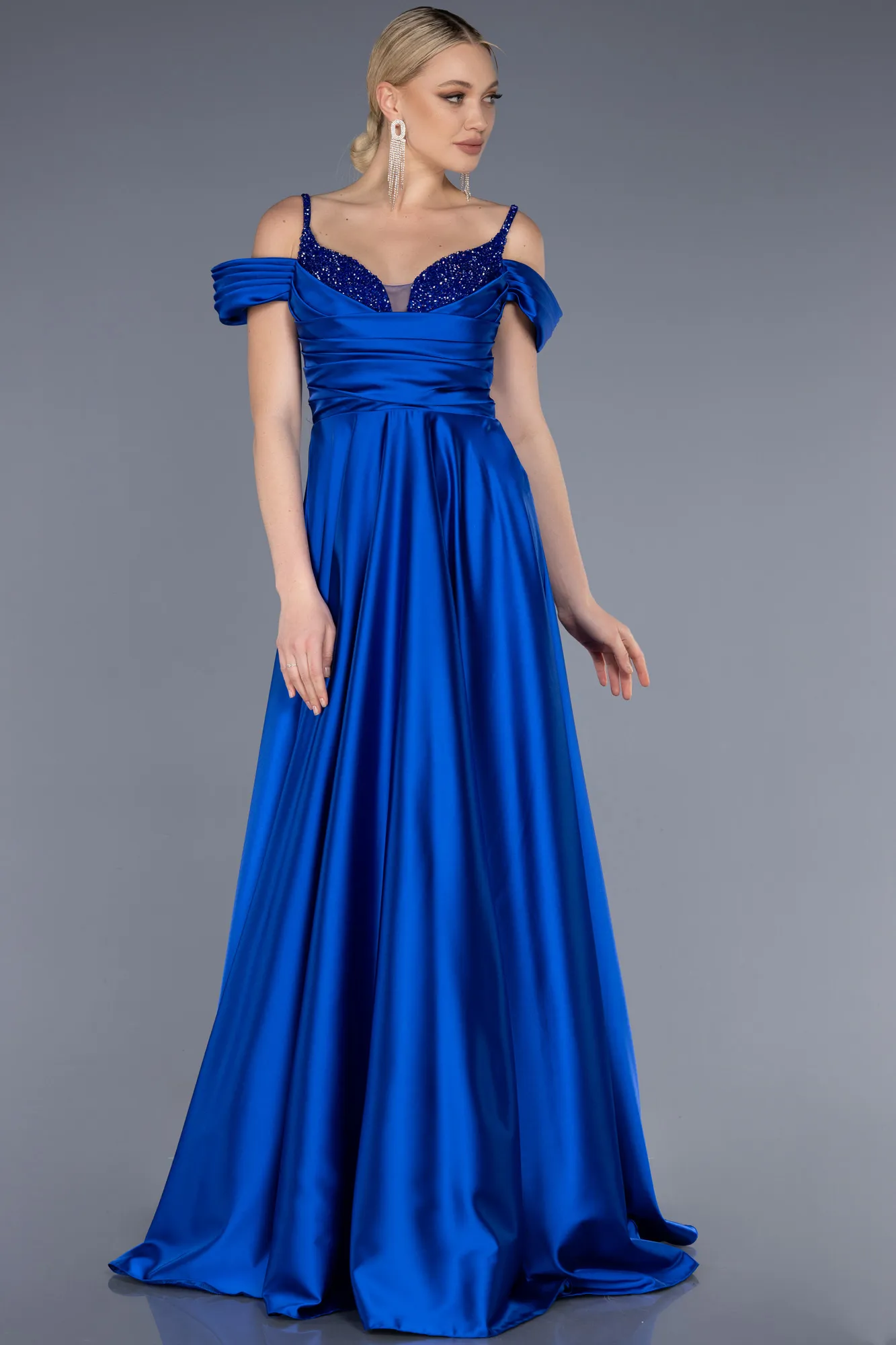 Sax Blue-Long Satin Evening Dress ABU3678