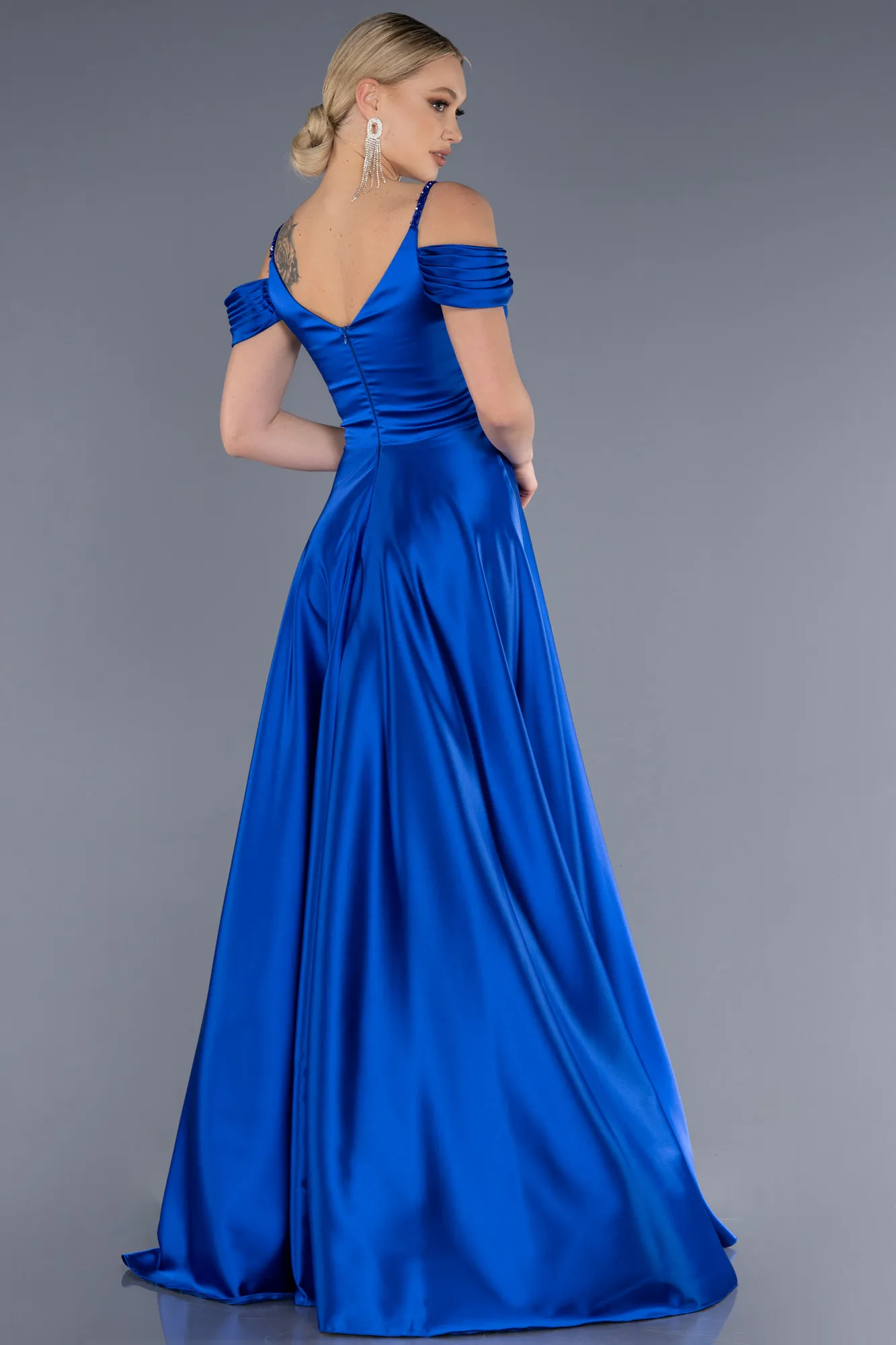 Sax Blue-Long Satin Evening Dress ABU3678