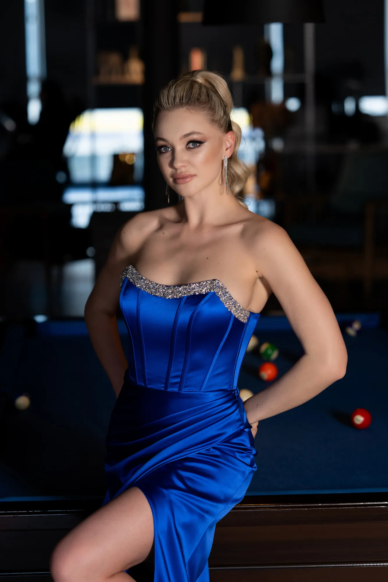Sax Blue-Long Satin Evening Dress ABU3706
