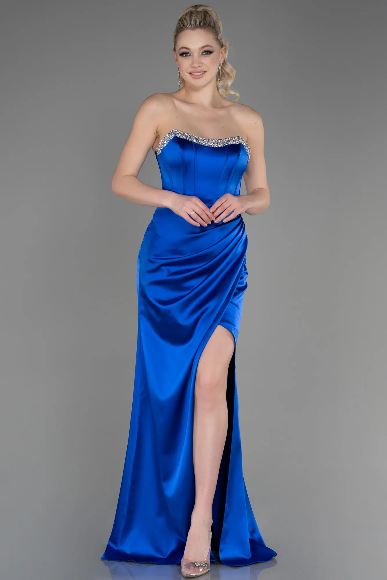 Sax Blue-Long Satin Evening Dress ABU3706