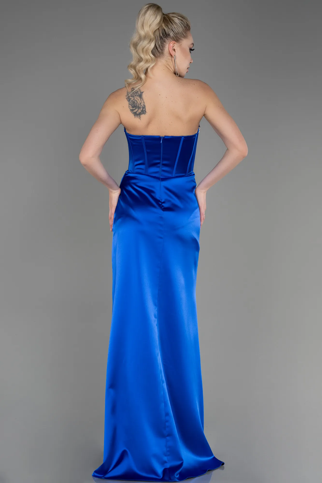 Sax Blue-Long Satin Evening Dress ABU3706