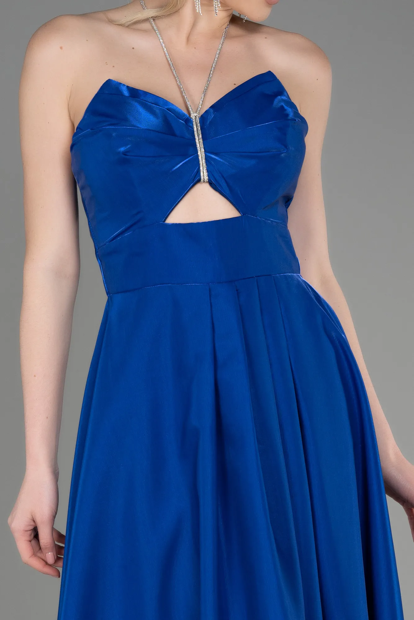 Sax Blue-Long Satin Evening Dress ABU3755
