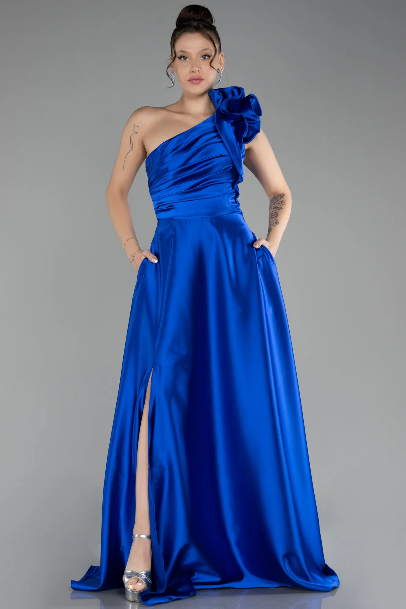 Sax Blue-Long Satin Evening Dress ABU4189