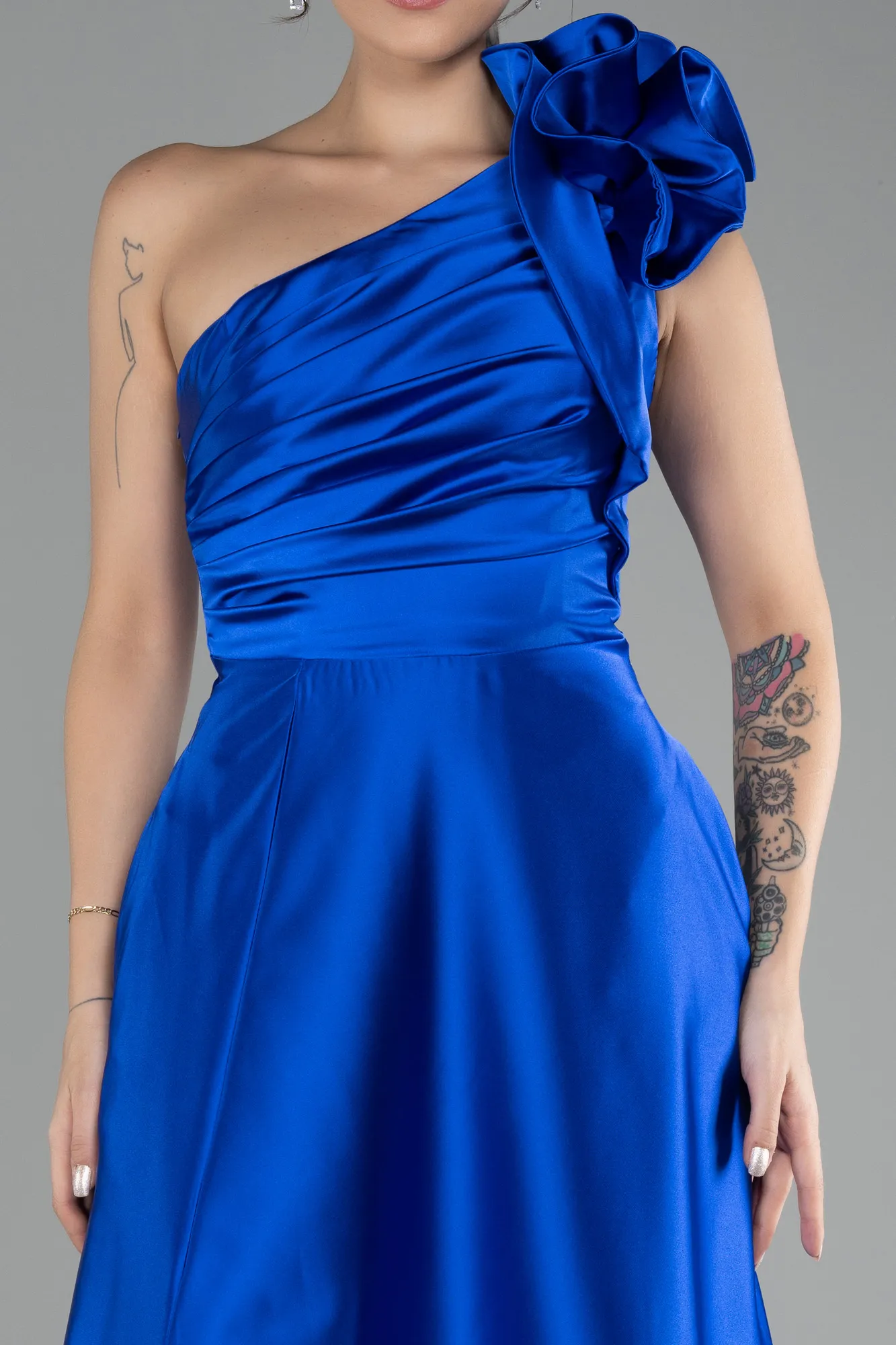 Sax Blue-Long Satin Evening Dress ABU4189