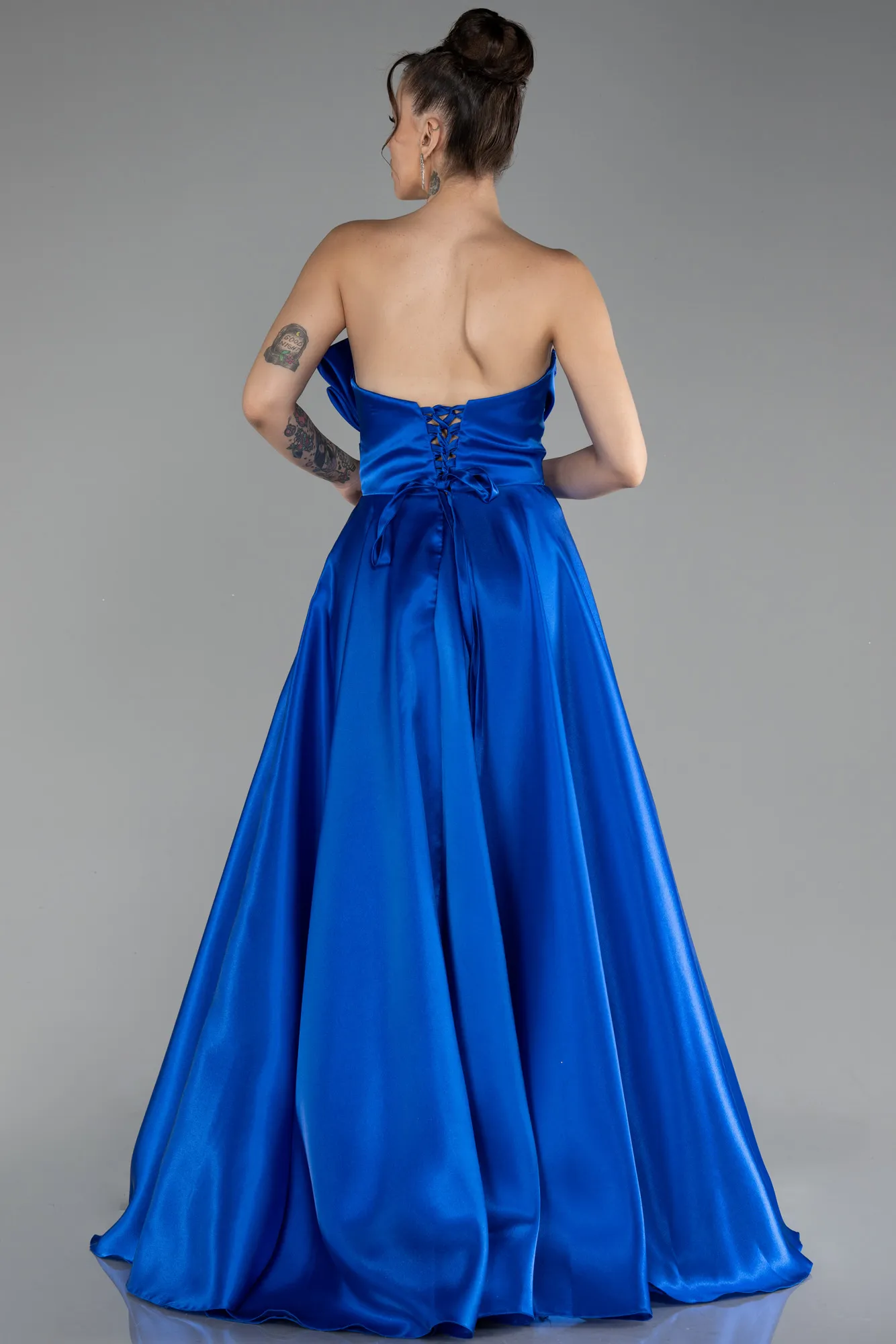 Sax Blue-Long Satin Evening Dress ABU4222