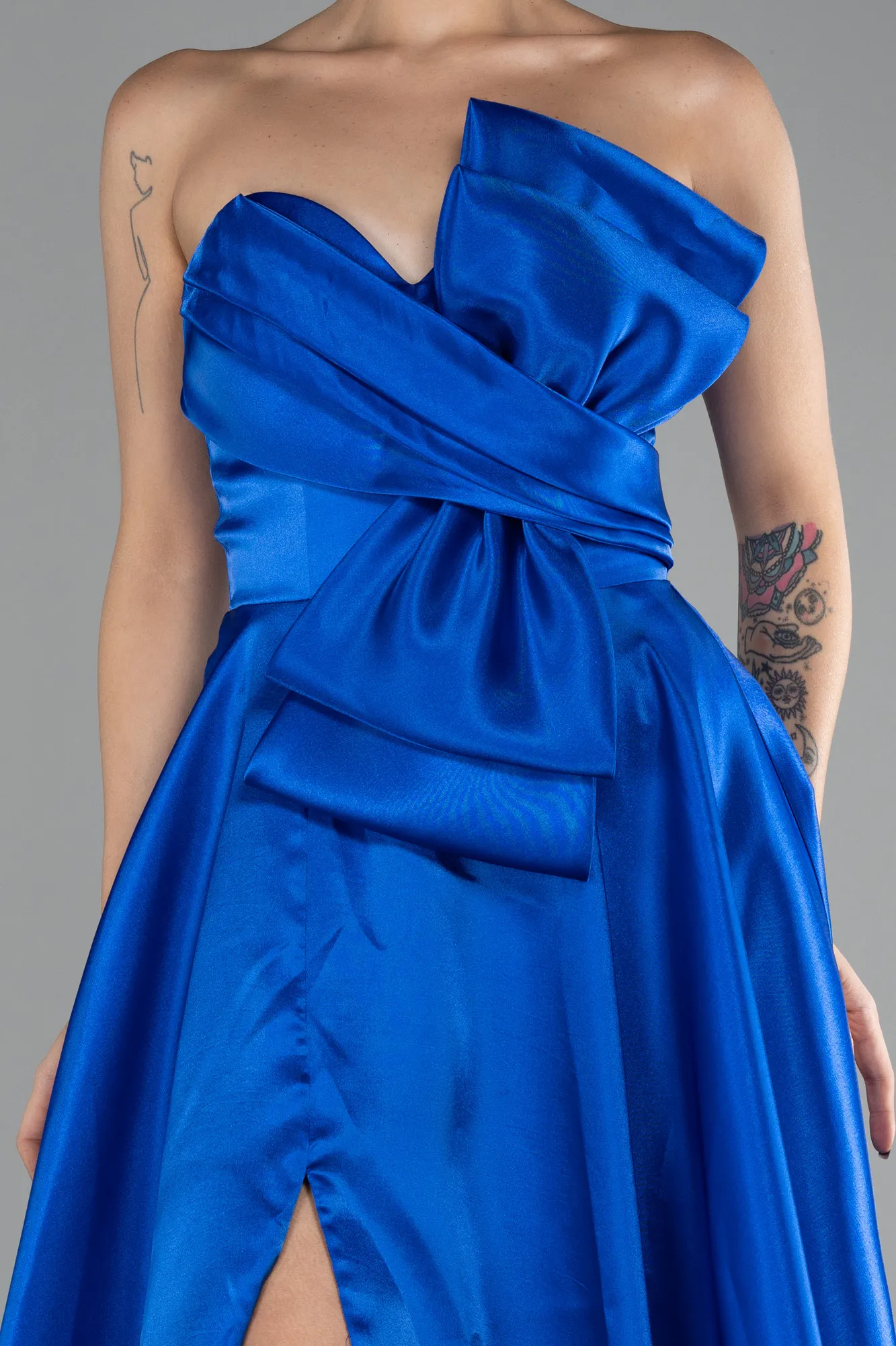 Sax Blue-Long Satin Evening Dress ABU4222