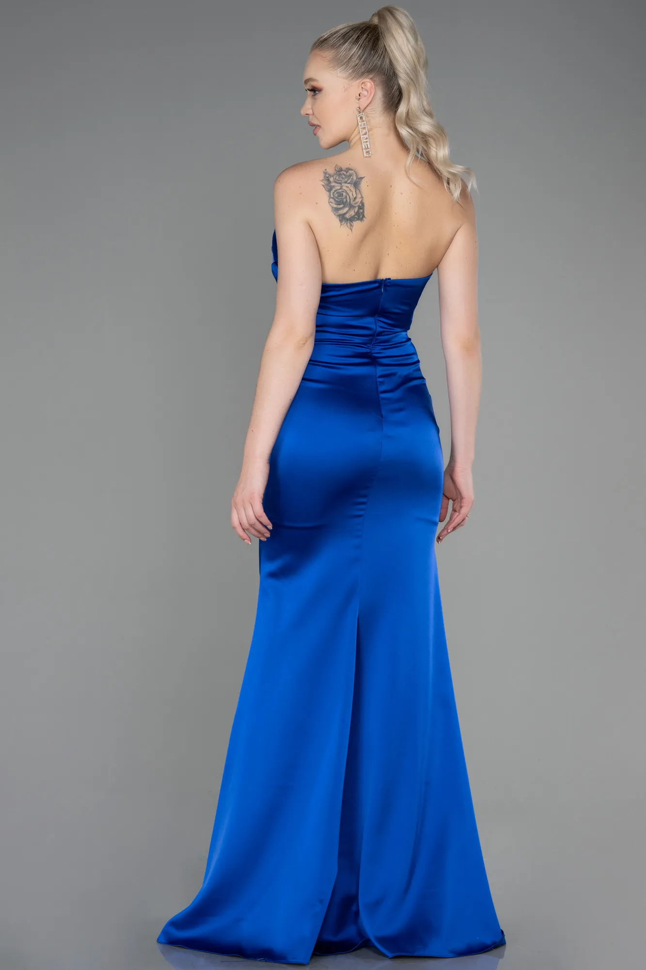 Sax Blue-Long Satin Mermaid Evening Dress ABU3232