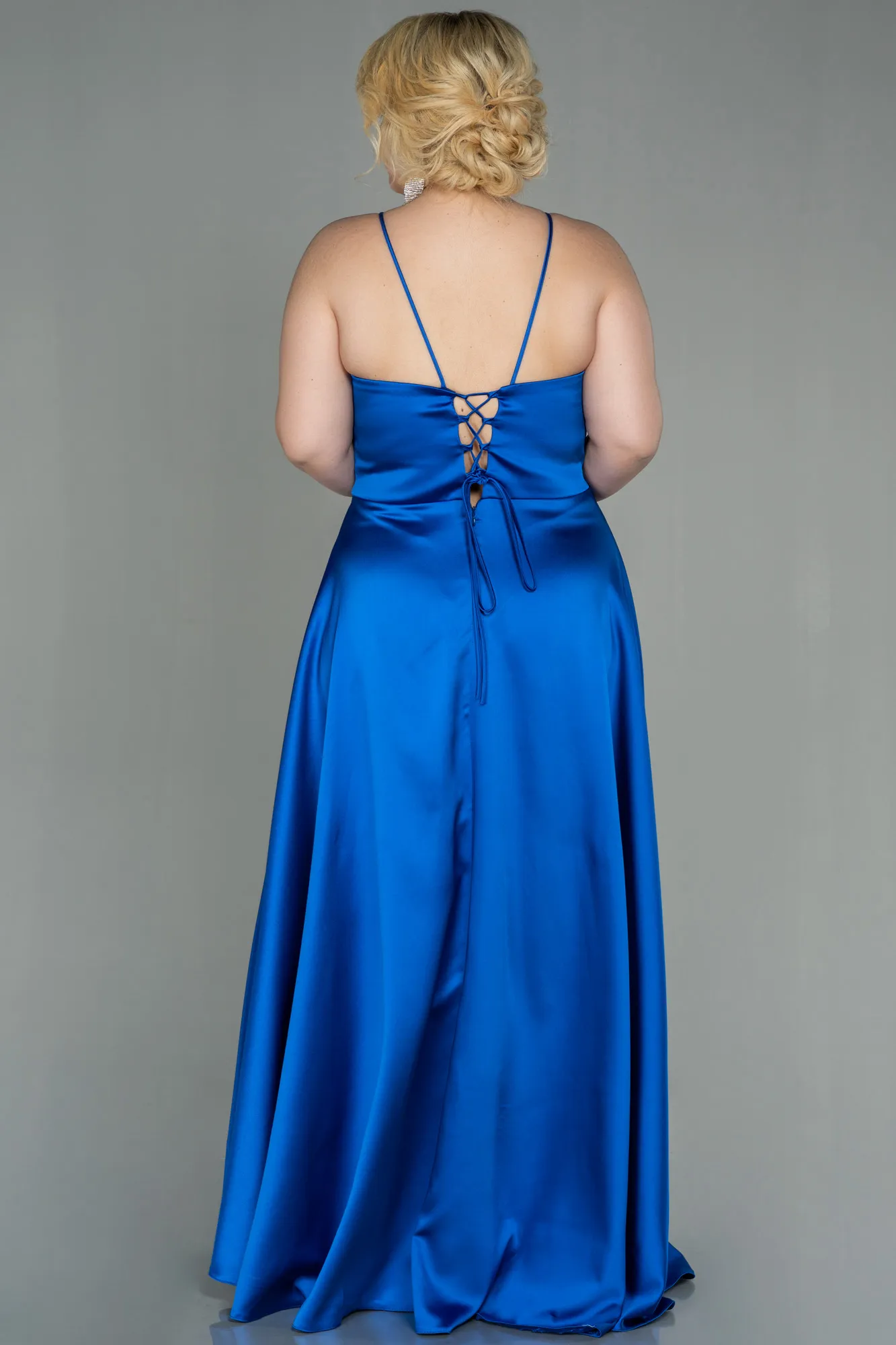 Sax Blue-Long Satin Oversized Evening Dress ABU3020