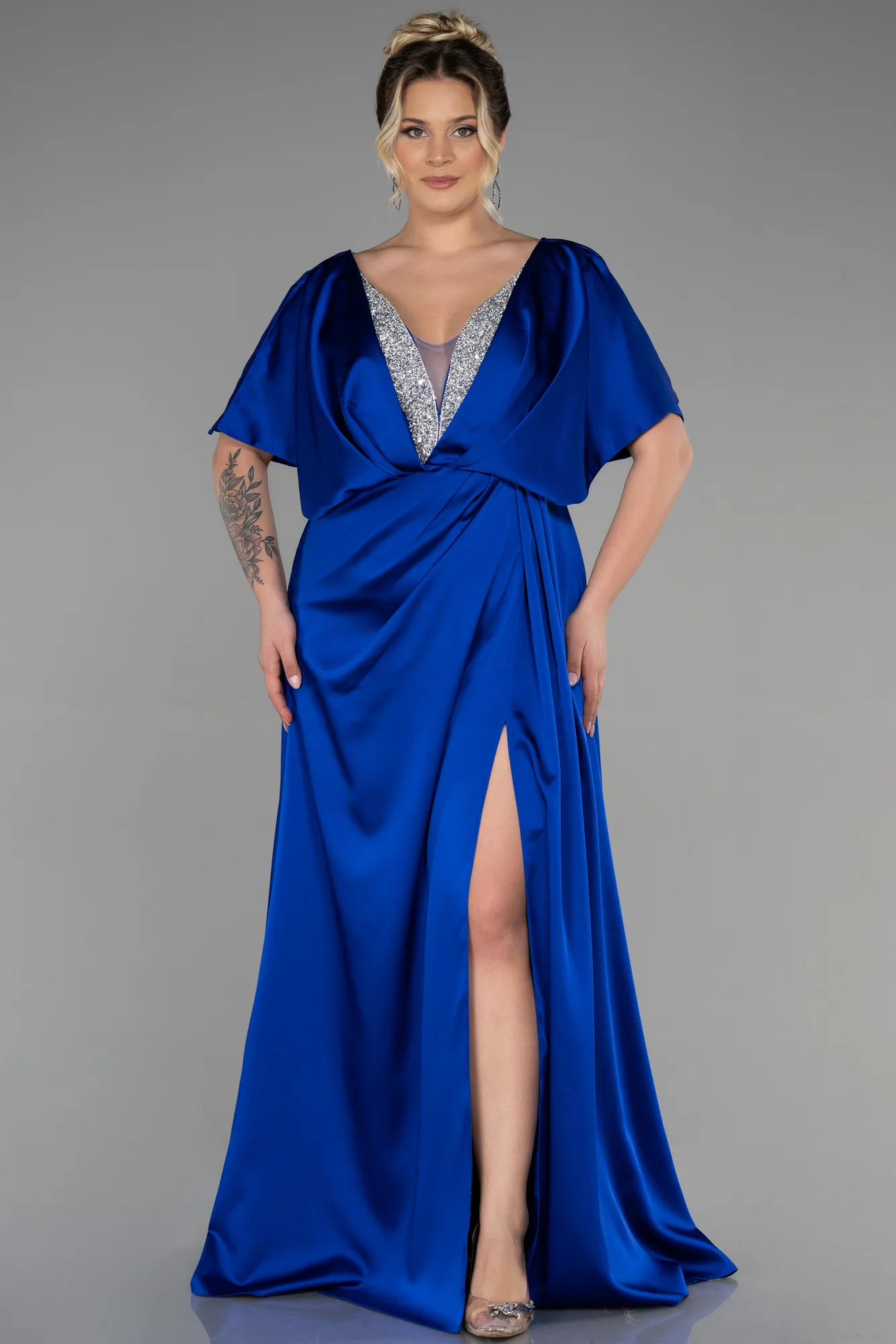 Sax Blue-Long Satin Plus Size Engagement Dress ABU3442