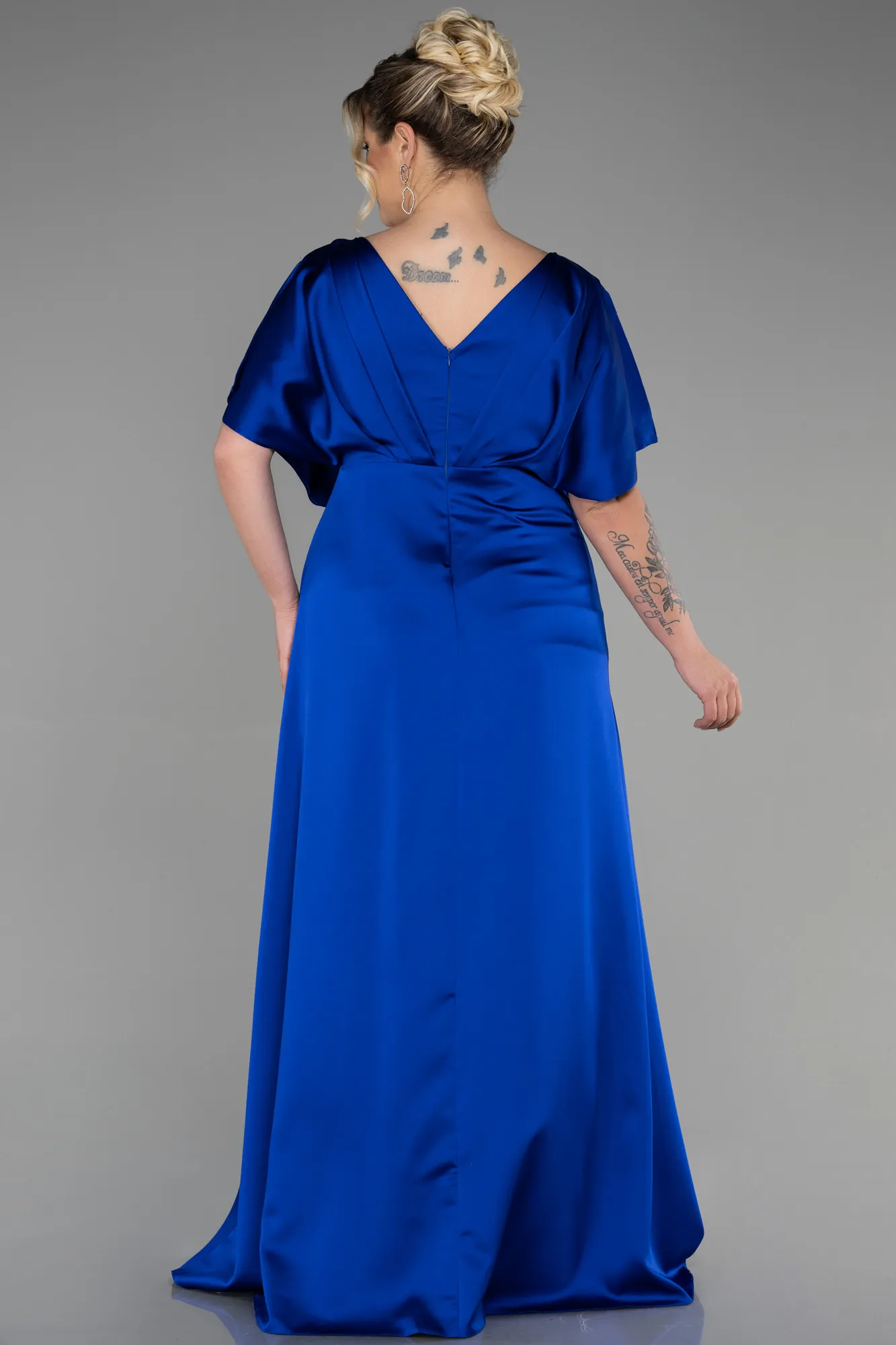 Sax Blue-Long Satin Plus Size Engagement Dress ABU3442