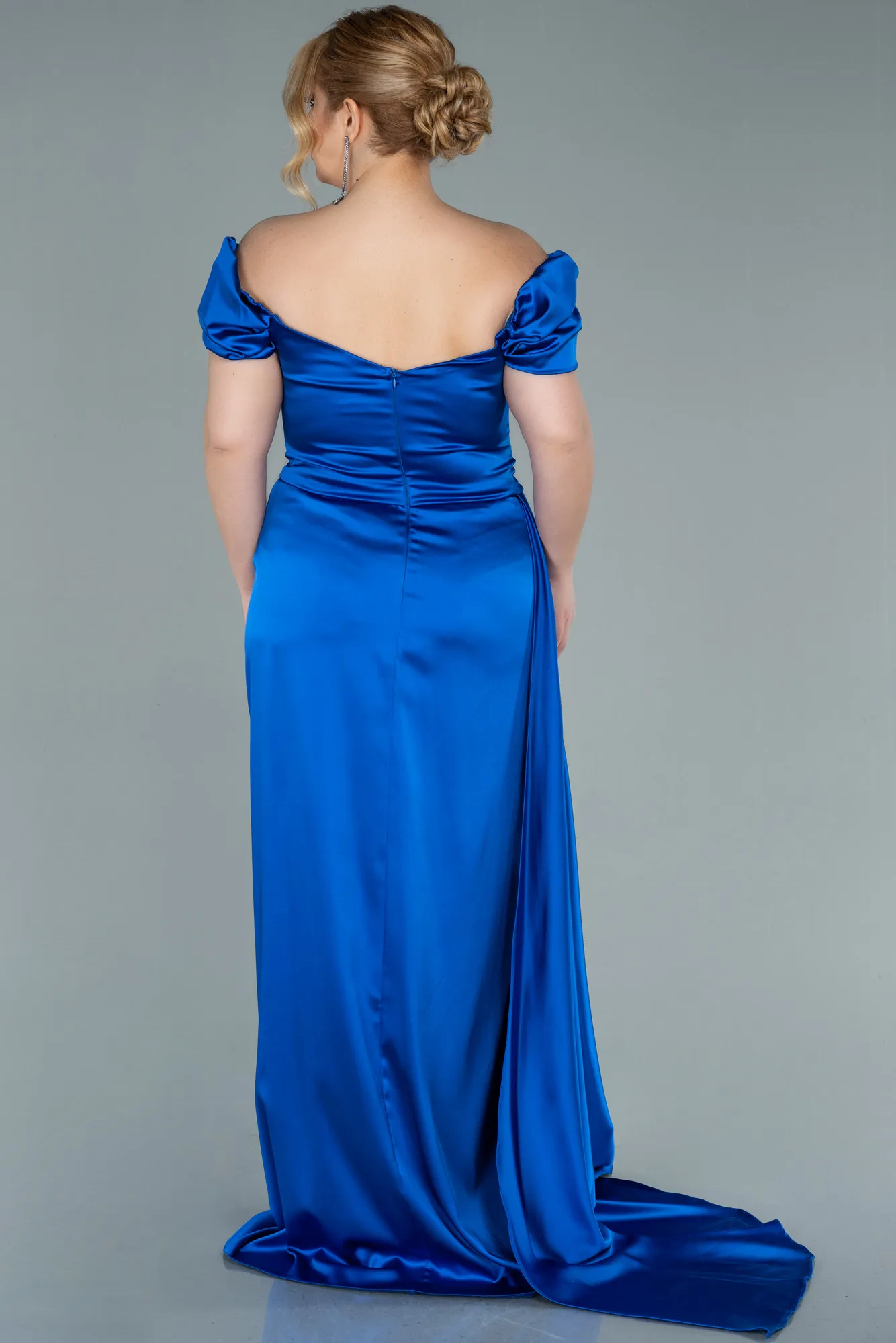 Sax Blue-Long Satin Plus Size Evening Dress ABU1626