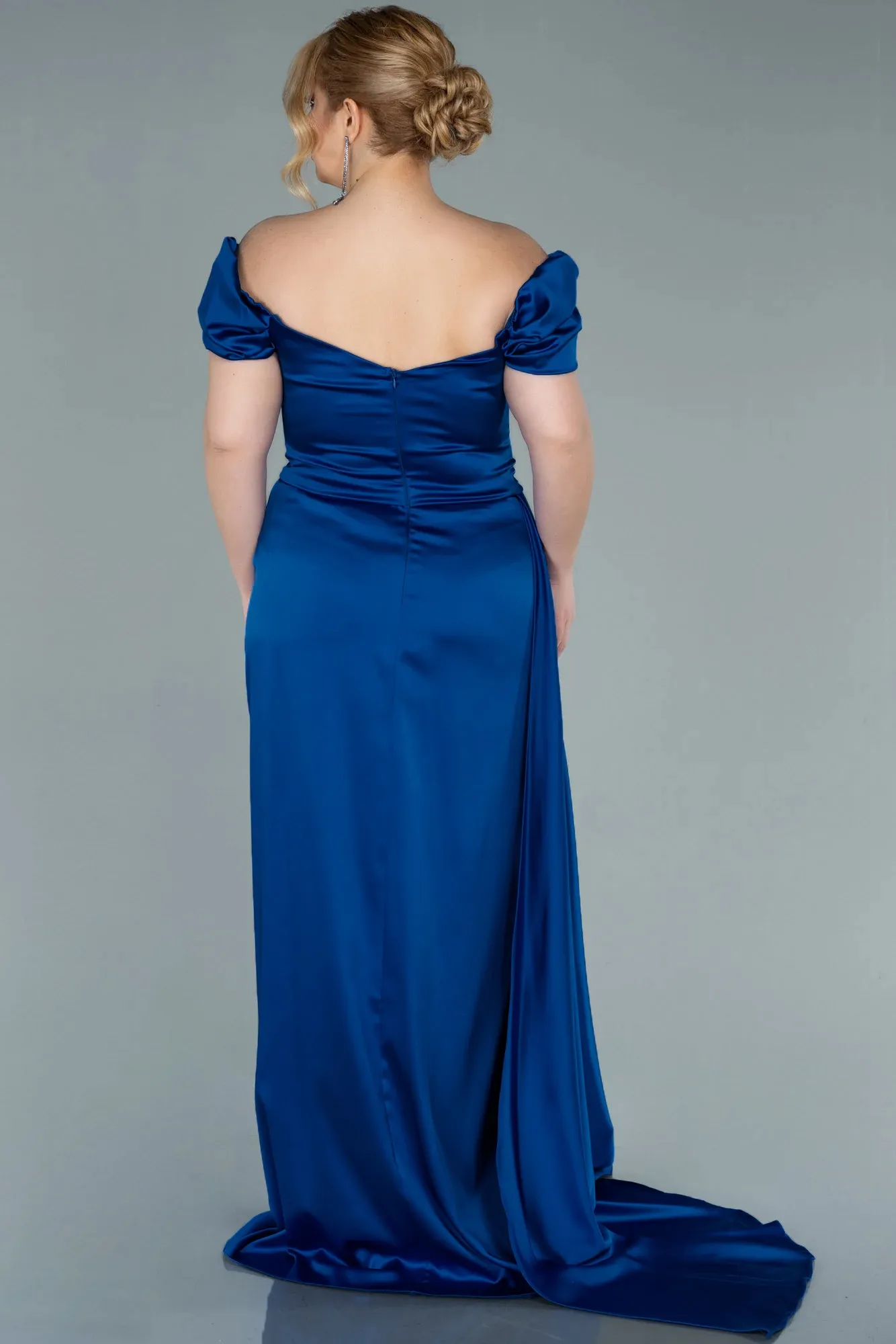 Sax Blue-Long Satin Plus Size Evening Dress ABU1626