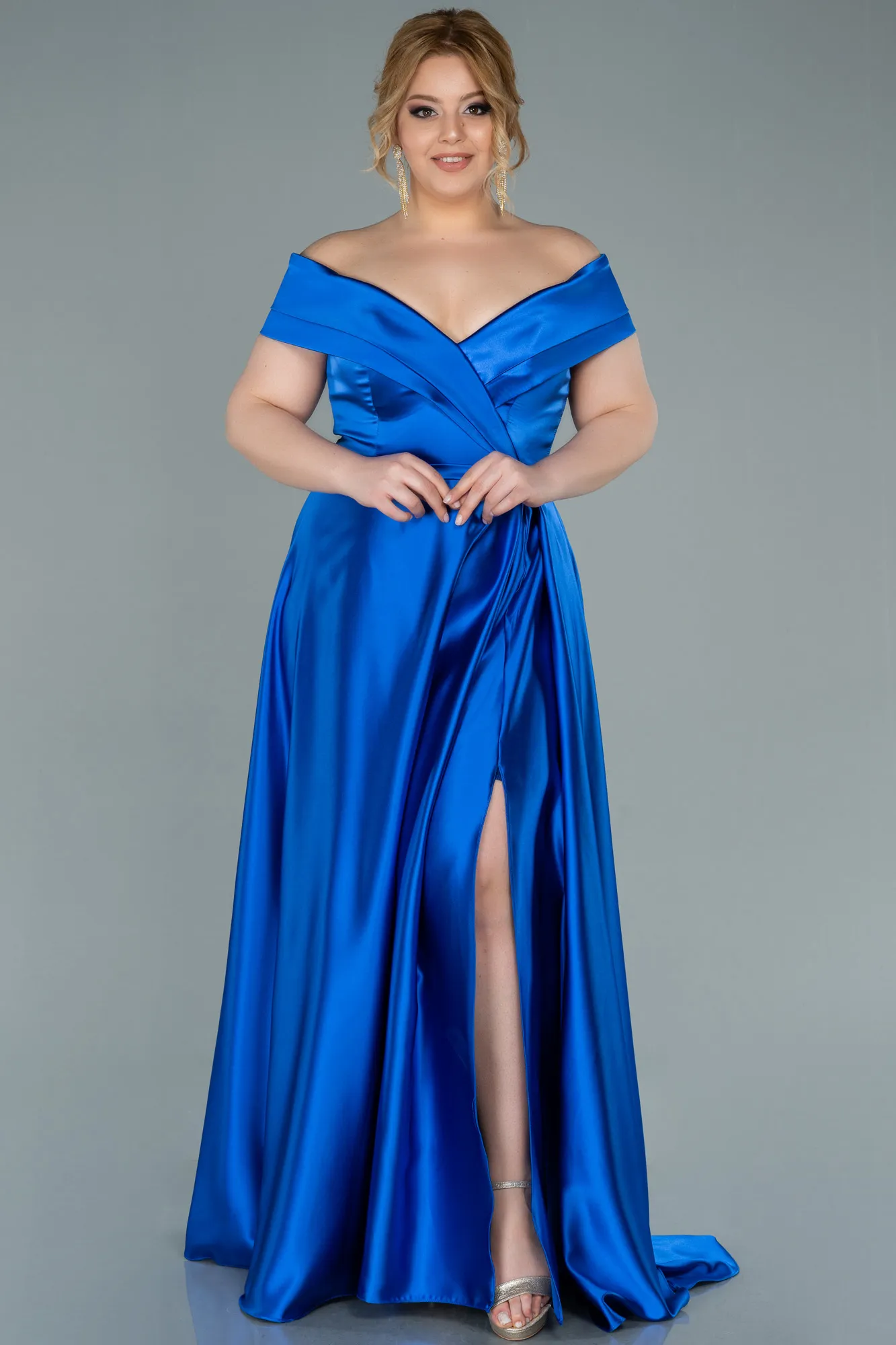 Sax Blue-Long Satin Plus Size Evening Dress ABU2355