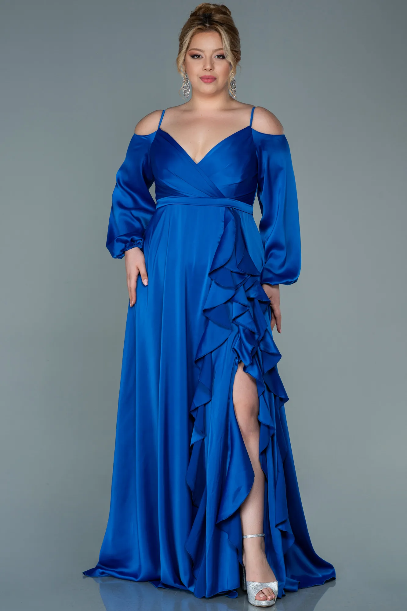 Sax Blue-Long Satin Plus Size Evening Dress ABU2358