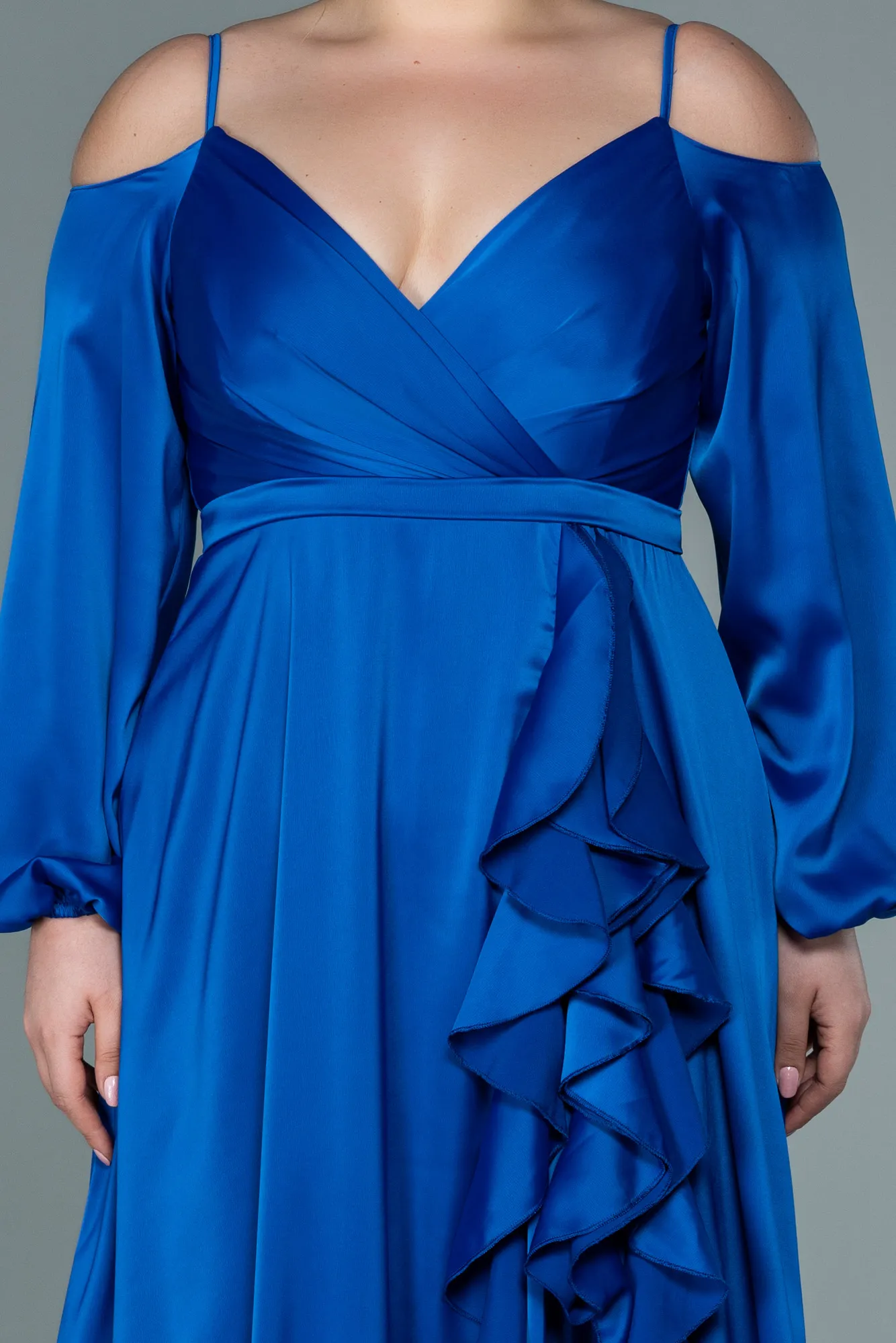 Sax Blue-Long Satin Plus Size Evening Dress ABU2358