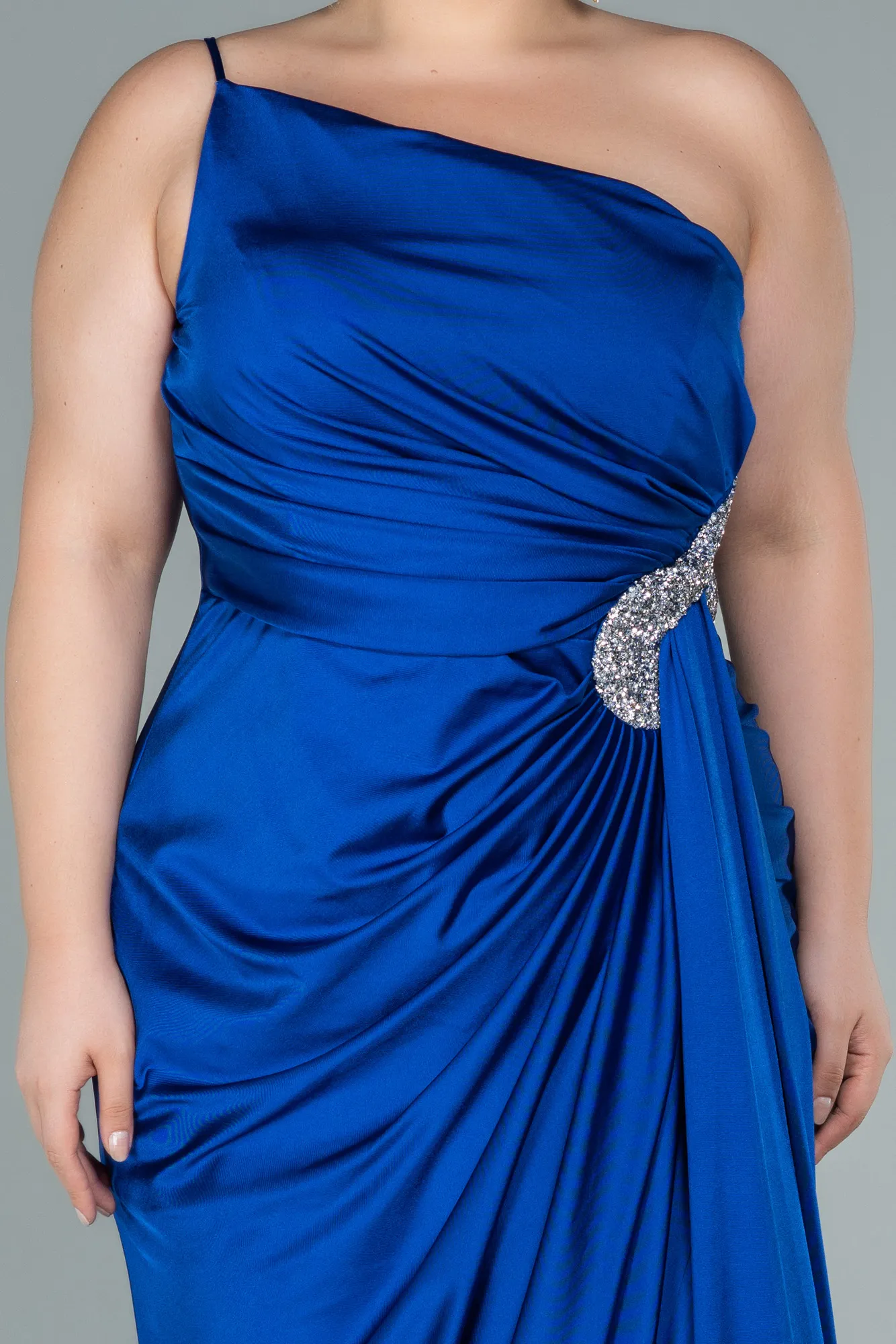 Sax Blue-Long Satin Plus Size Evening Dress ABU2532