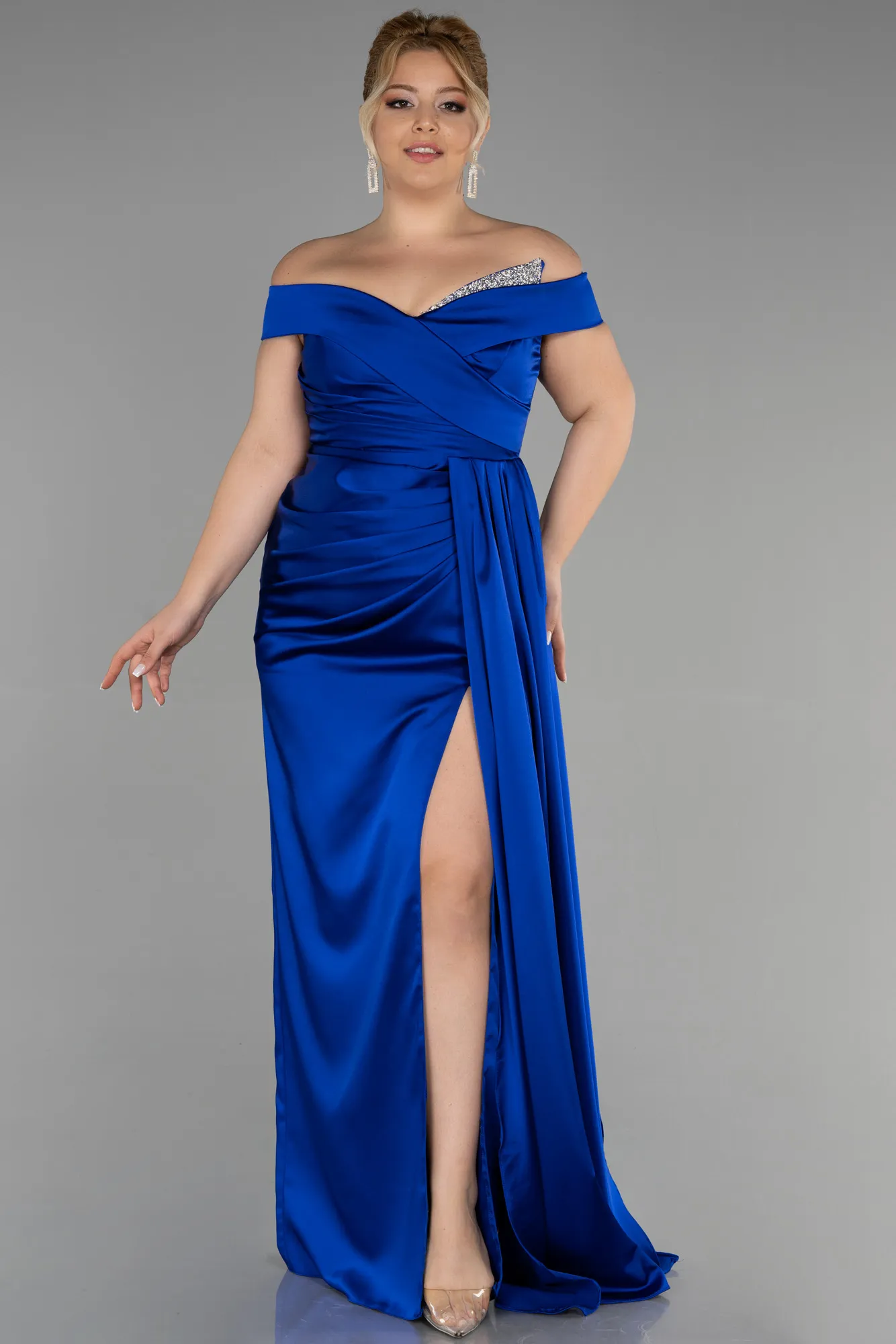 Sax Blue-Long Satin Plus Size Evening Dress ABU2561