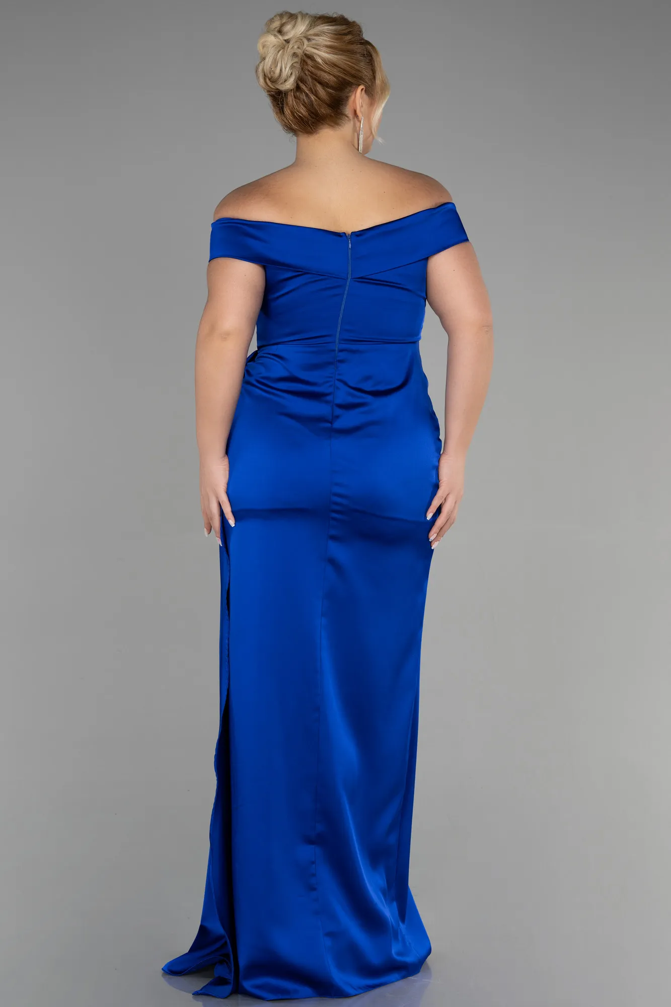 Sax Blue-Long Satin Plus Size Evening Dress ABU2561