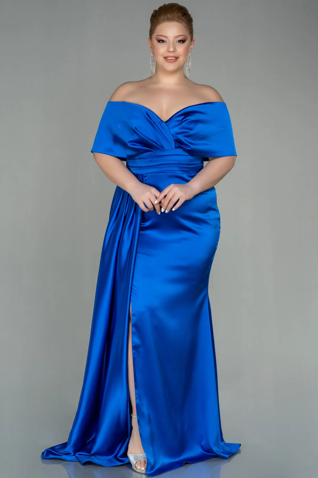 Sax Blue-Long Satin Plus Size Evening Dress ABU2873
