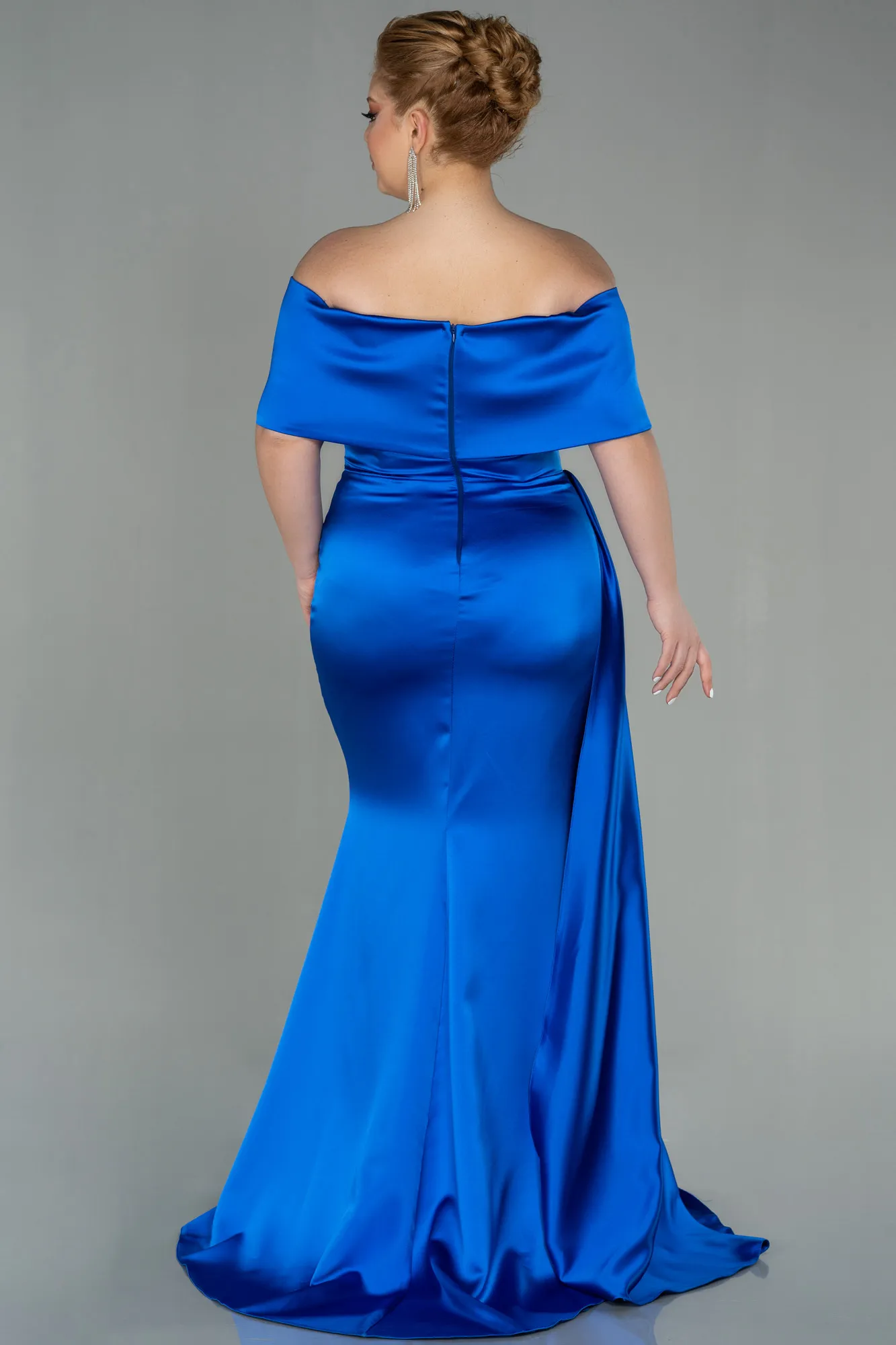 Sax Blue-Long Satin Plus Size Evening Dress ABU2873